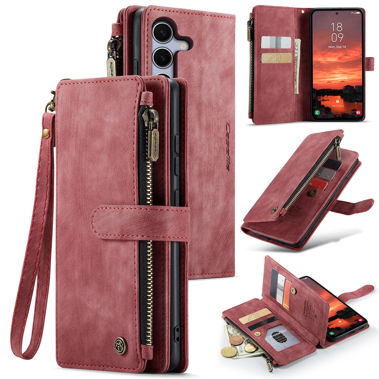 CaseMe C30 Samsung Galaxy S25/S24 5G Card Slots Zipper Θήκη Πορτοφόλι Δερμάτινη –Red