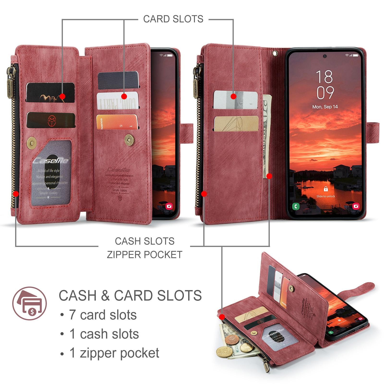 CaseMe C30 Samsung Galaxy S25/S24 5G Card Slots Zipper Θήκη Πορτοφόλι Δερμάτινη –Red