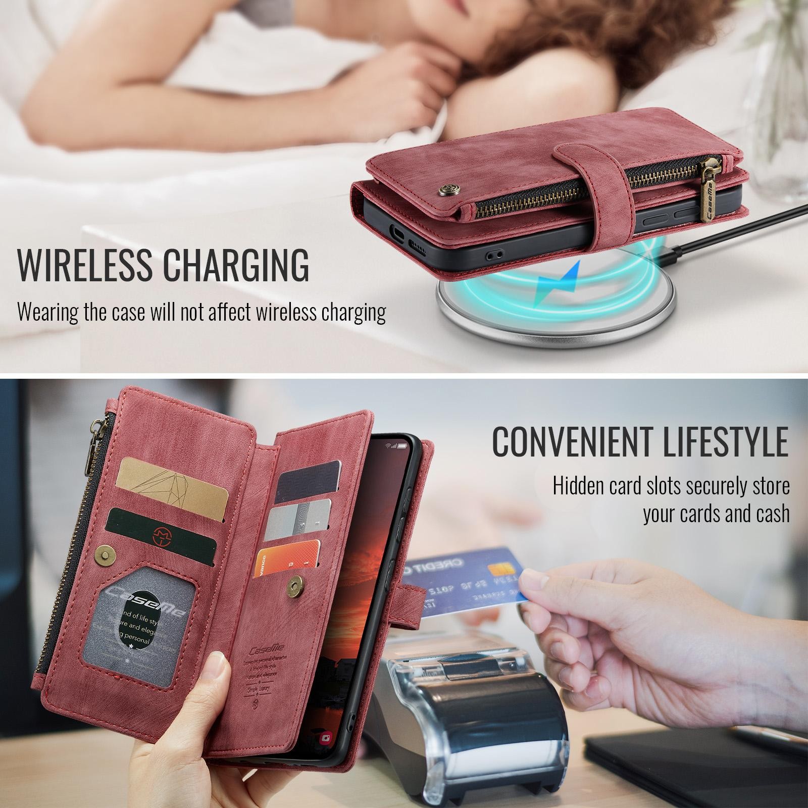CaseMe C30 Samsung Galaxy S25/S24 5G Card Slots Zipper Θήκη Πορτοφόλι Δερμάτινη –Red