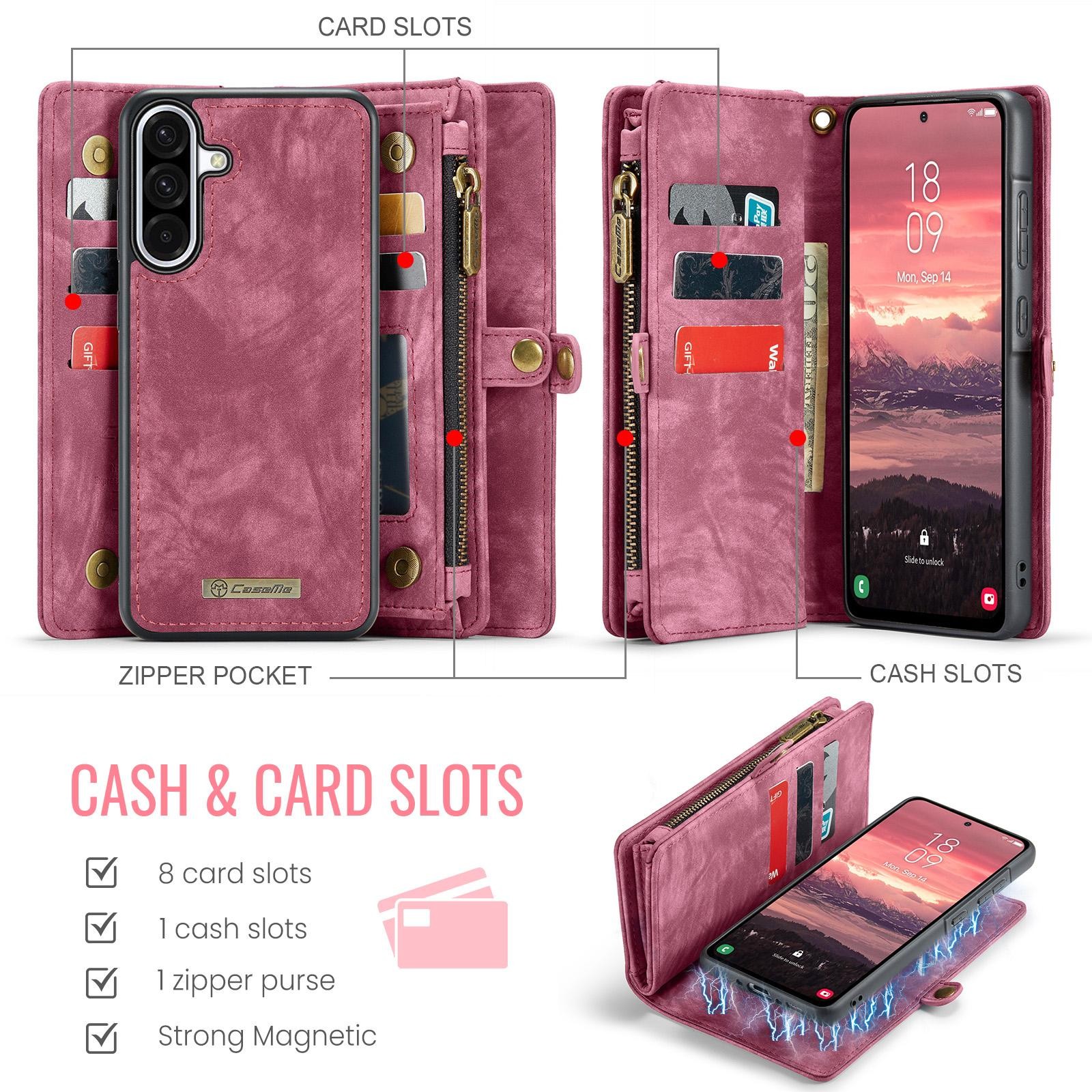 CaseMe 008 Samsung Galaxy A36 5G Θήκη Πορτοφόλι με Αποσπώμενη Θήκη Σιλικόνης -Wine Red