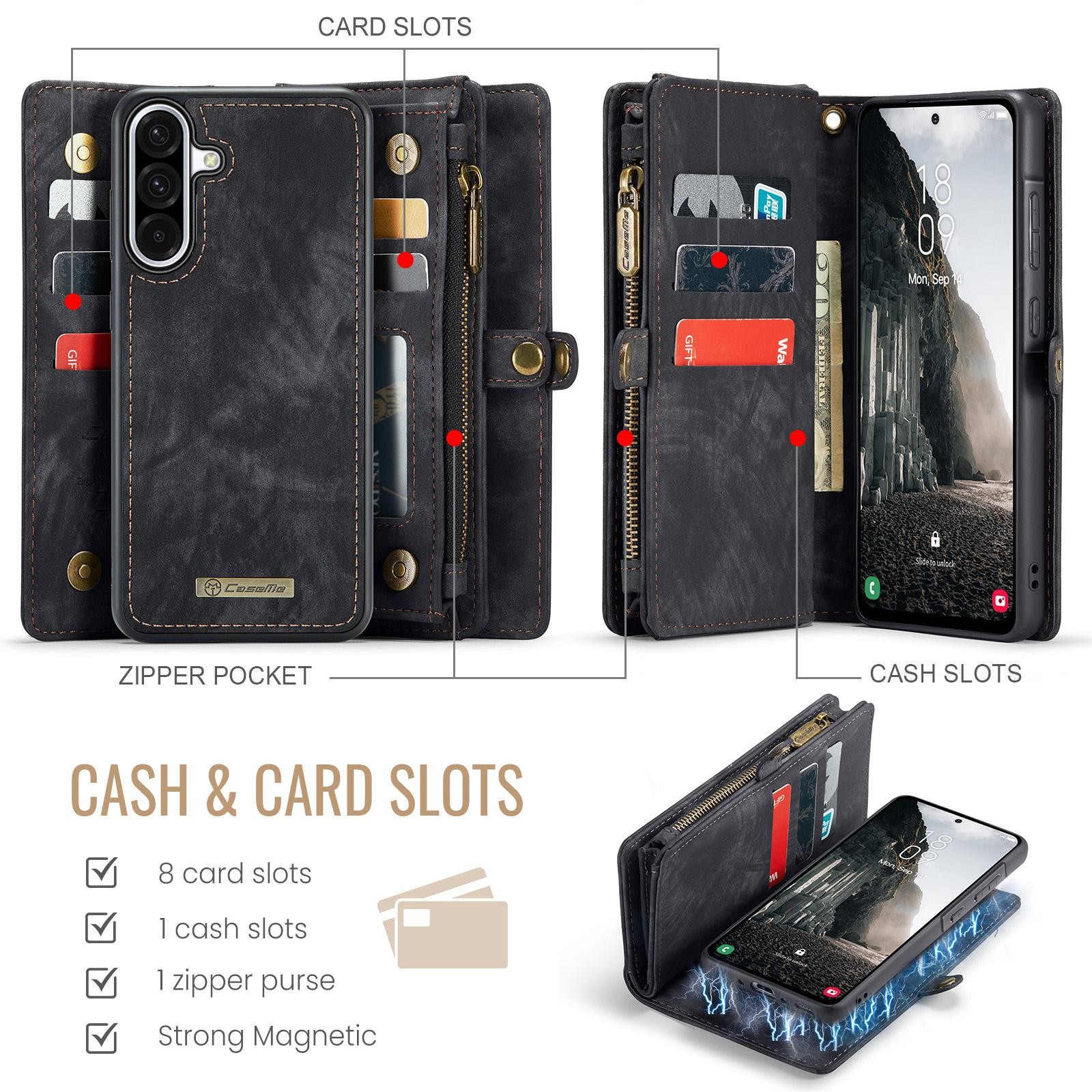 CaseMe 008 Samsung Galaxy A36 5G Θήκη Πορτοφόλι με Αποσπώμενη Θήκη Σιλικόνης -Black