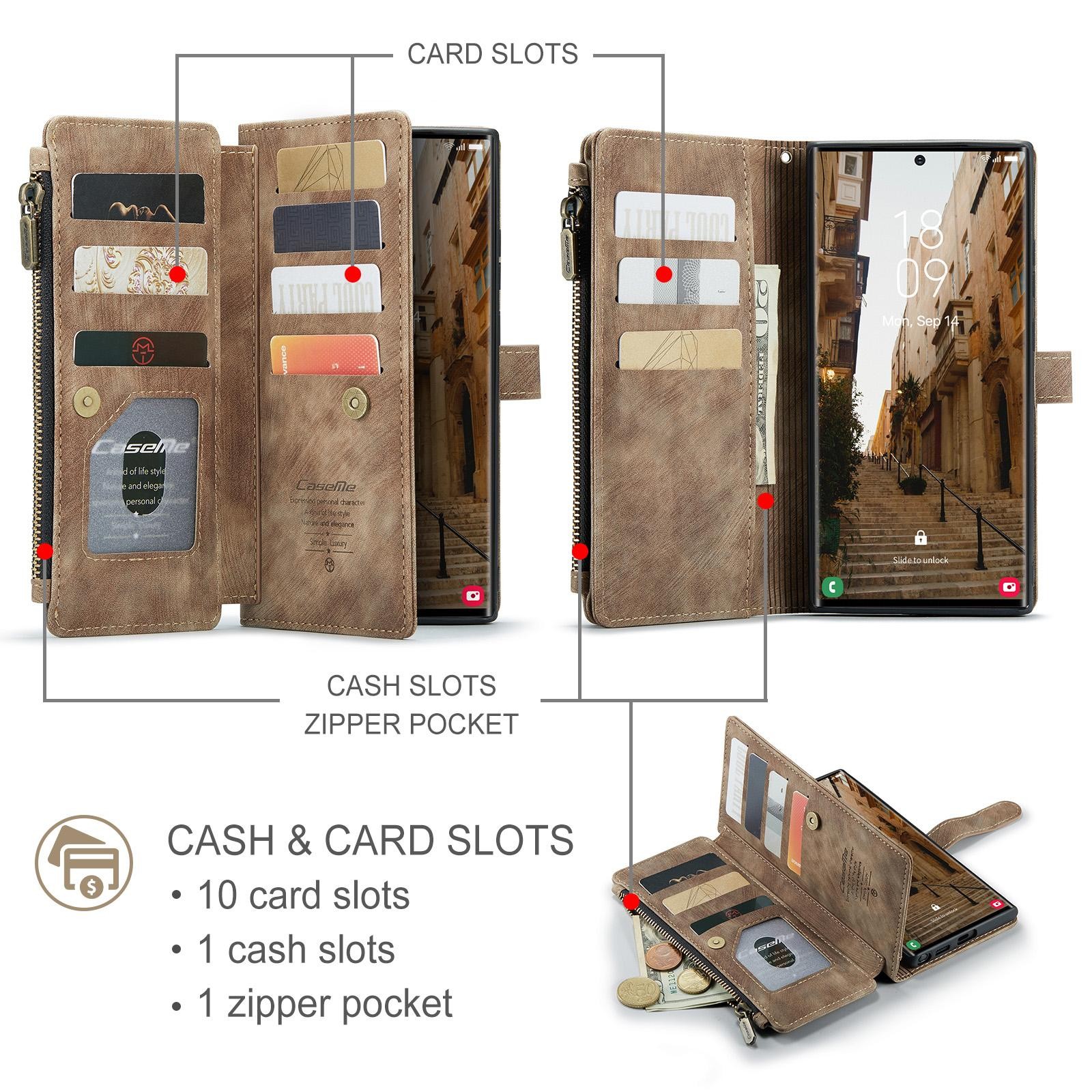 CaseMe C30 Samsung Galaxy S25 Ultra 5G Card Slots Zipper Θήκη Πορτοφόλι Δερμάτινη –Brown
