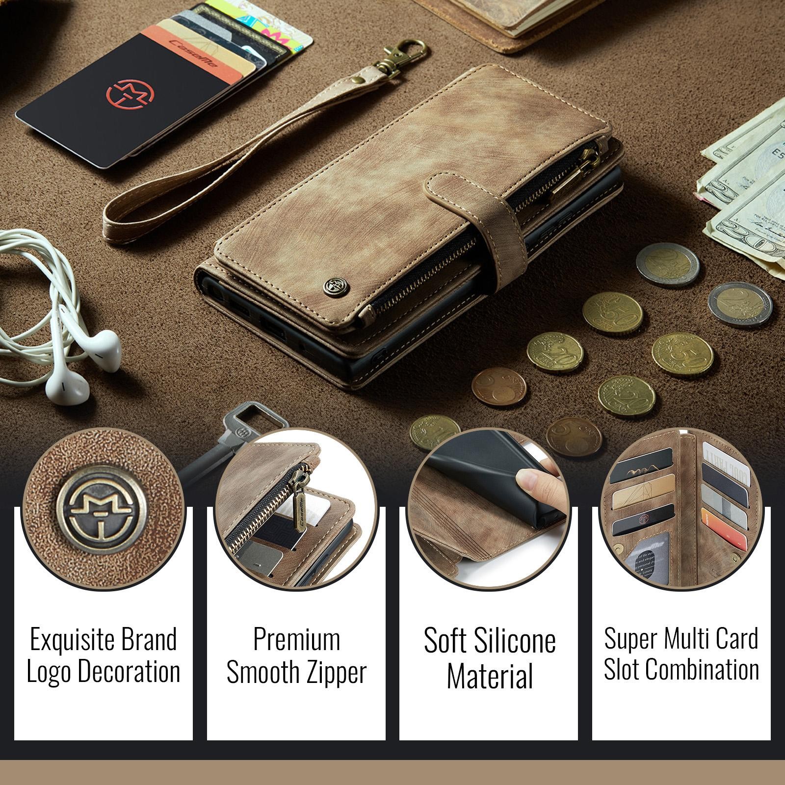 CaseMe C30 Samsung Galaxy S25 Ultra 5G Card Slots Zipper Θήκη Πορτοφόλι Δερμάτινη –Brown