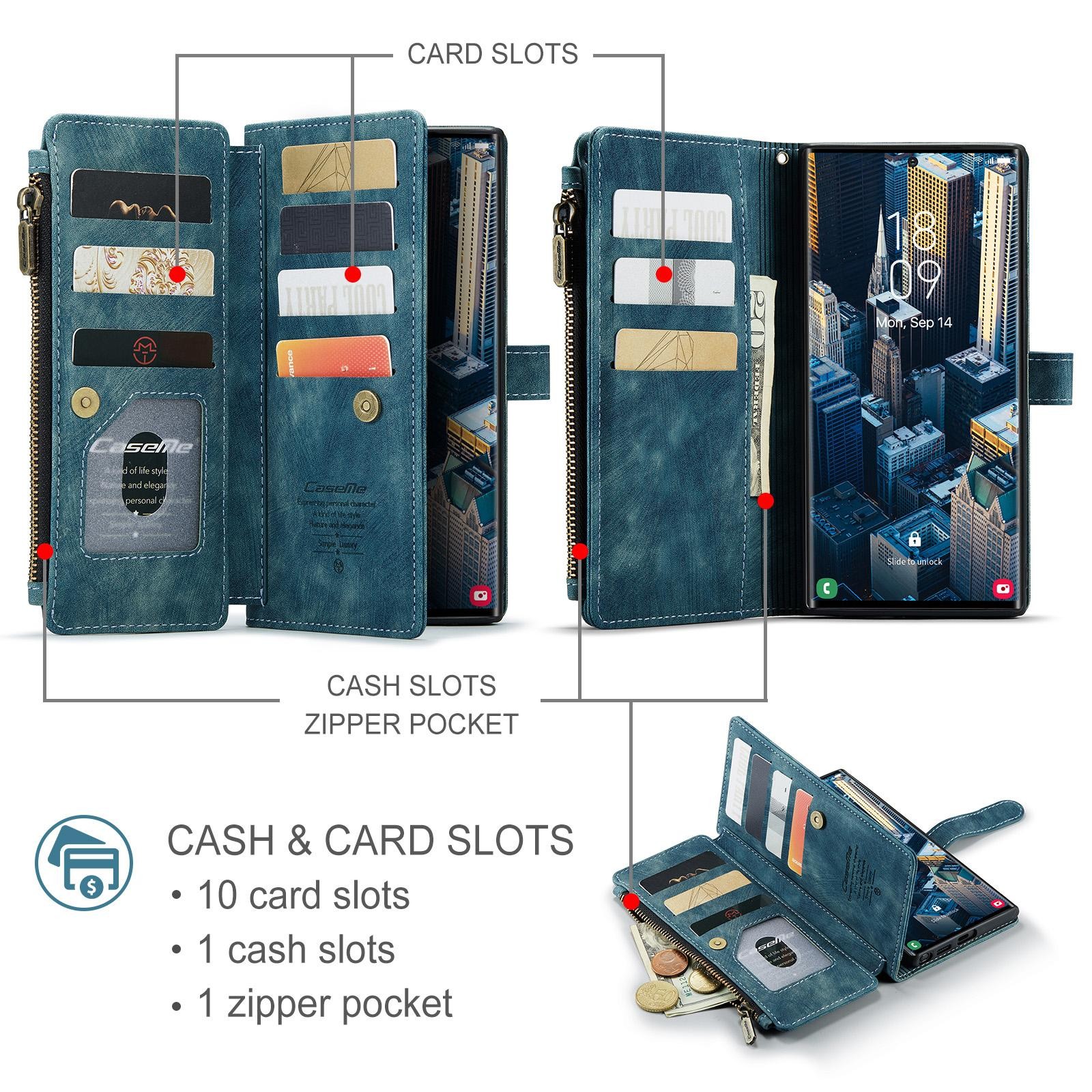 CaseMe C30 Samsung Galaxy S25 Ultra 5G Card Slots Zipper Θήκη Πορτοφόλι Δερμάτινη –Blue