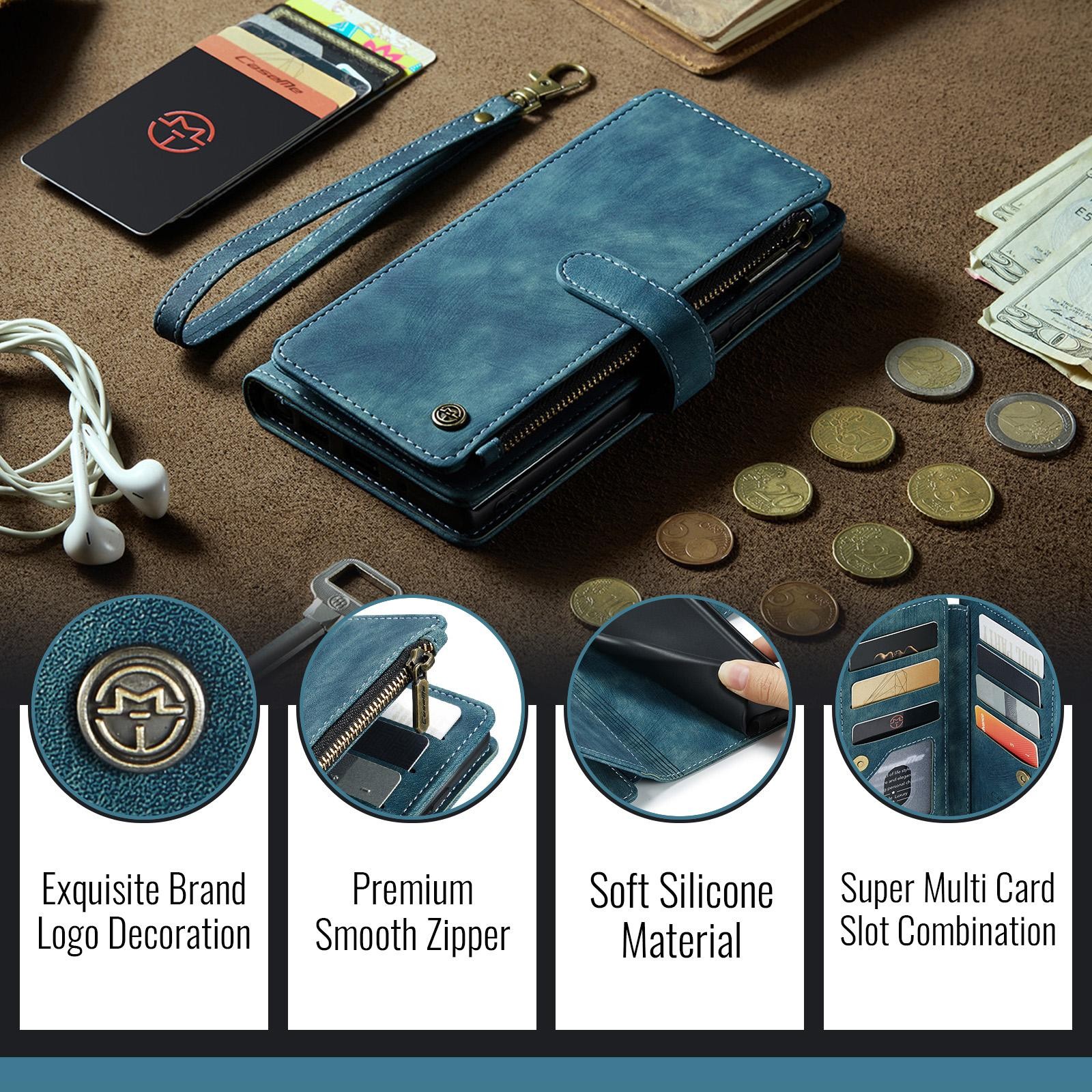 CaseMe C30 Samsung Galaxy S25 Ultra 5G Card Slots Zipper Θήκη Πορτοφόλι Δερμάτινη –Blue