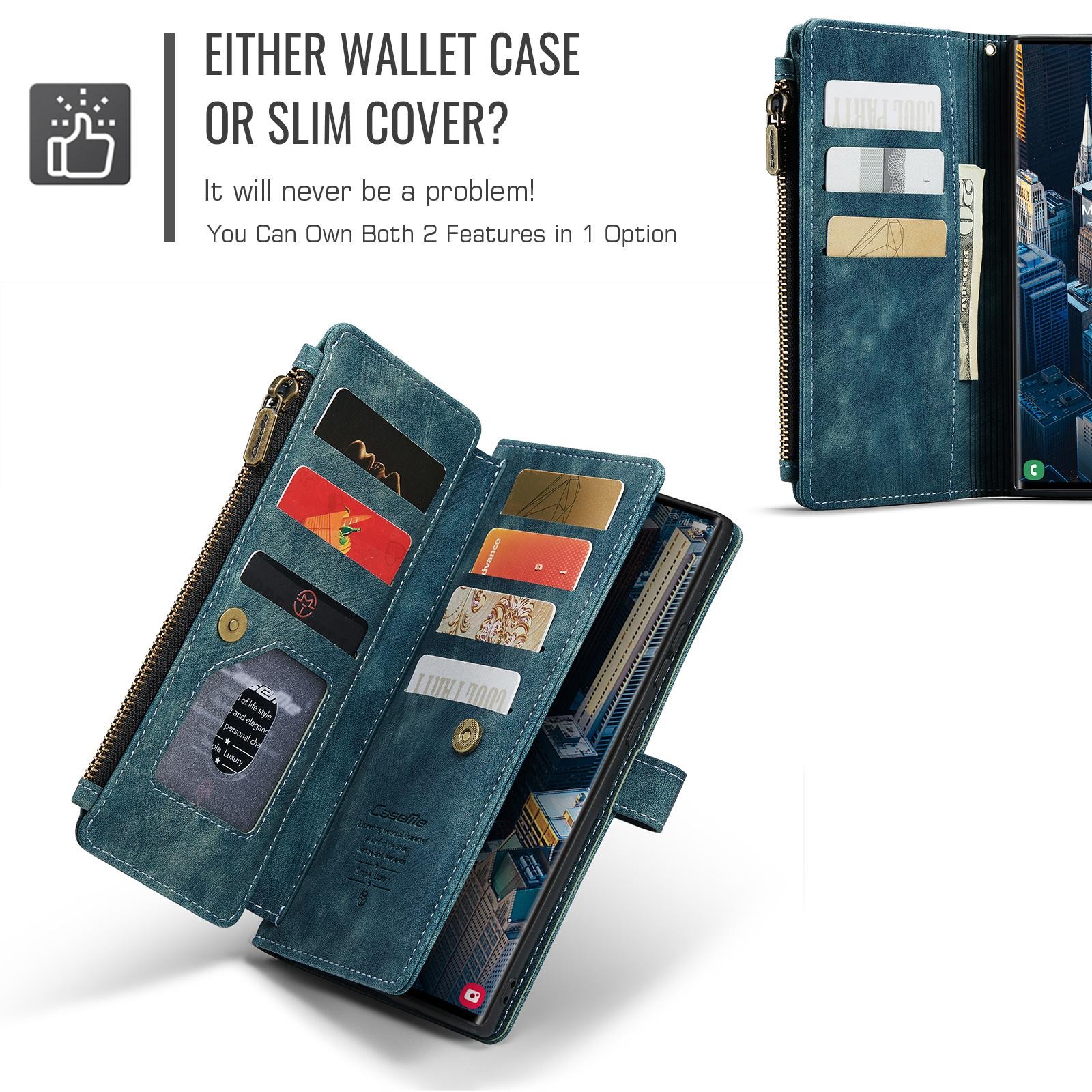 CaseMe C30 Samsung Galaxy S25 Ultra 5G Card Slots Zipper Θήκη Πορτοφόλι Δερμάτινη –Blue