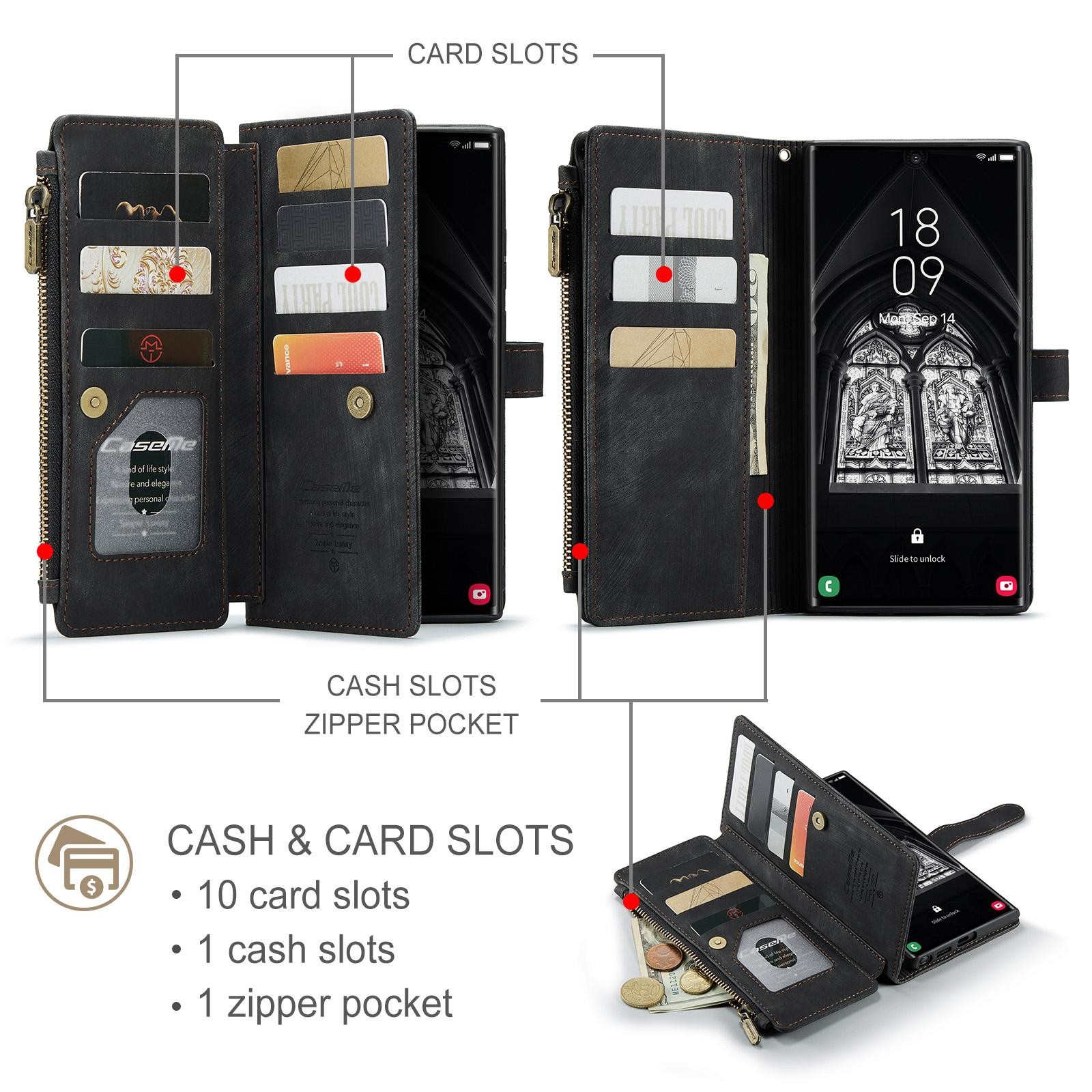 CaseMe C30 Samsung Galaxy S25 Ultra 5G Card Slots Zipper Θήκη Πορτοφόλι Δερμάτινη –Black