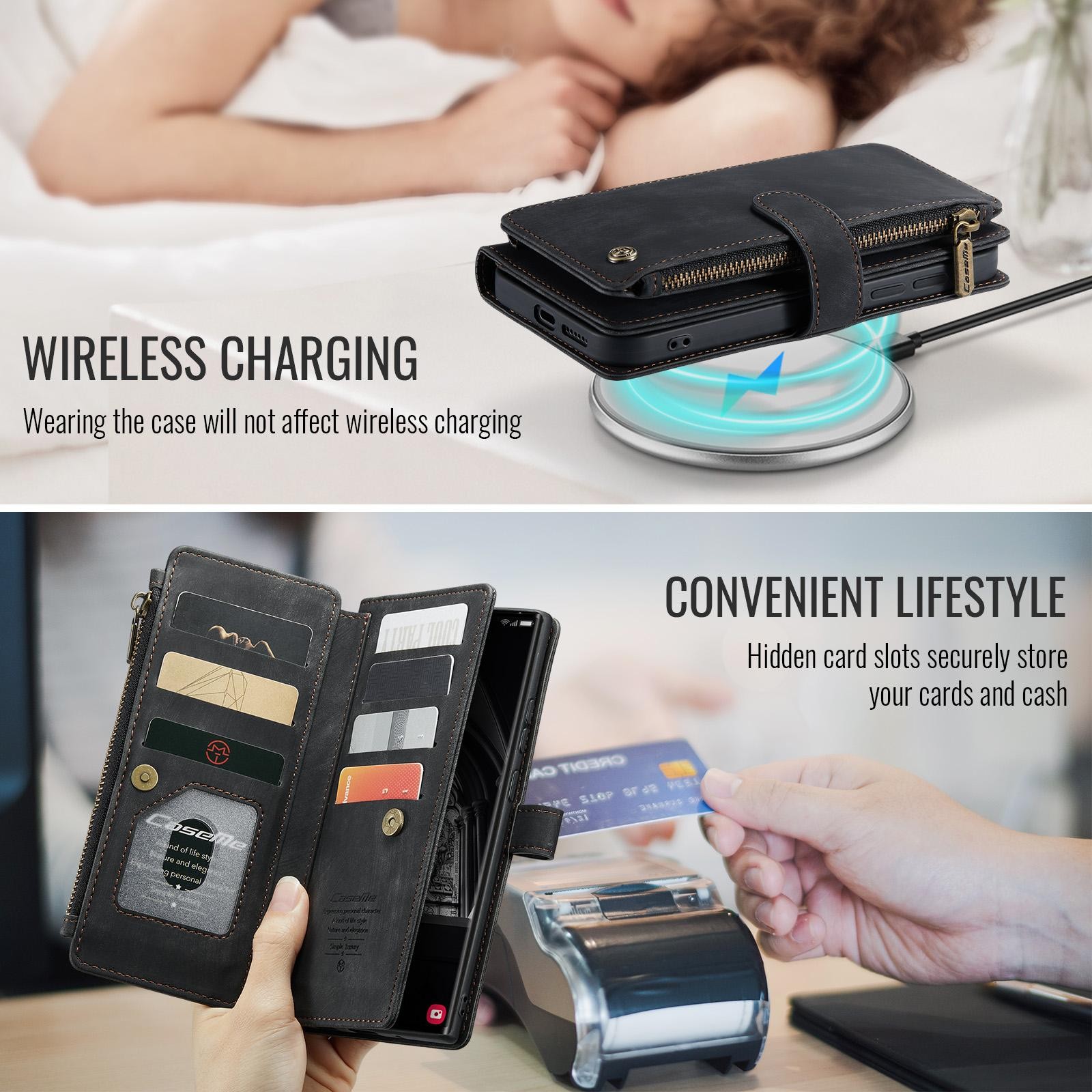 CaseMe C30 Samsung Galaxy S25 Ultra 5G Card Slots Zipper Θήκη Πορτοφόλι Δερμάτινη –Black