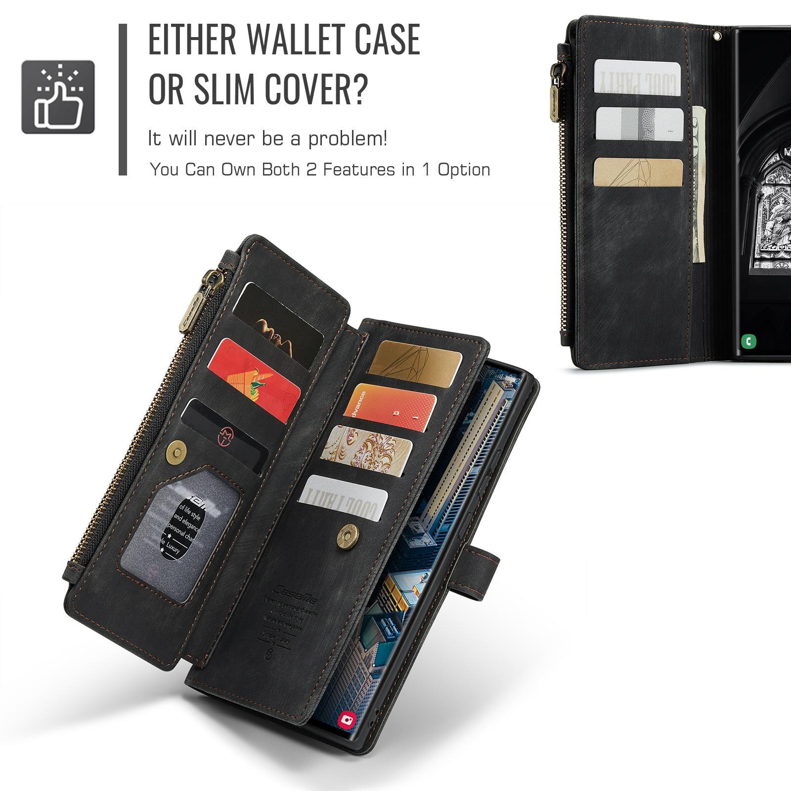 CaseMe C30 Samsung Galaxy S25 Ultra 5G Card Slots Zipper Θήκη Πορτοφόλι Δερμάτινη –Black