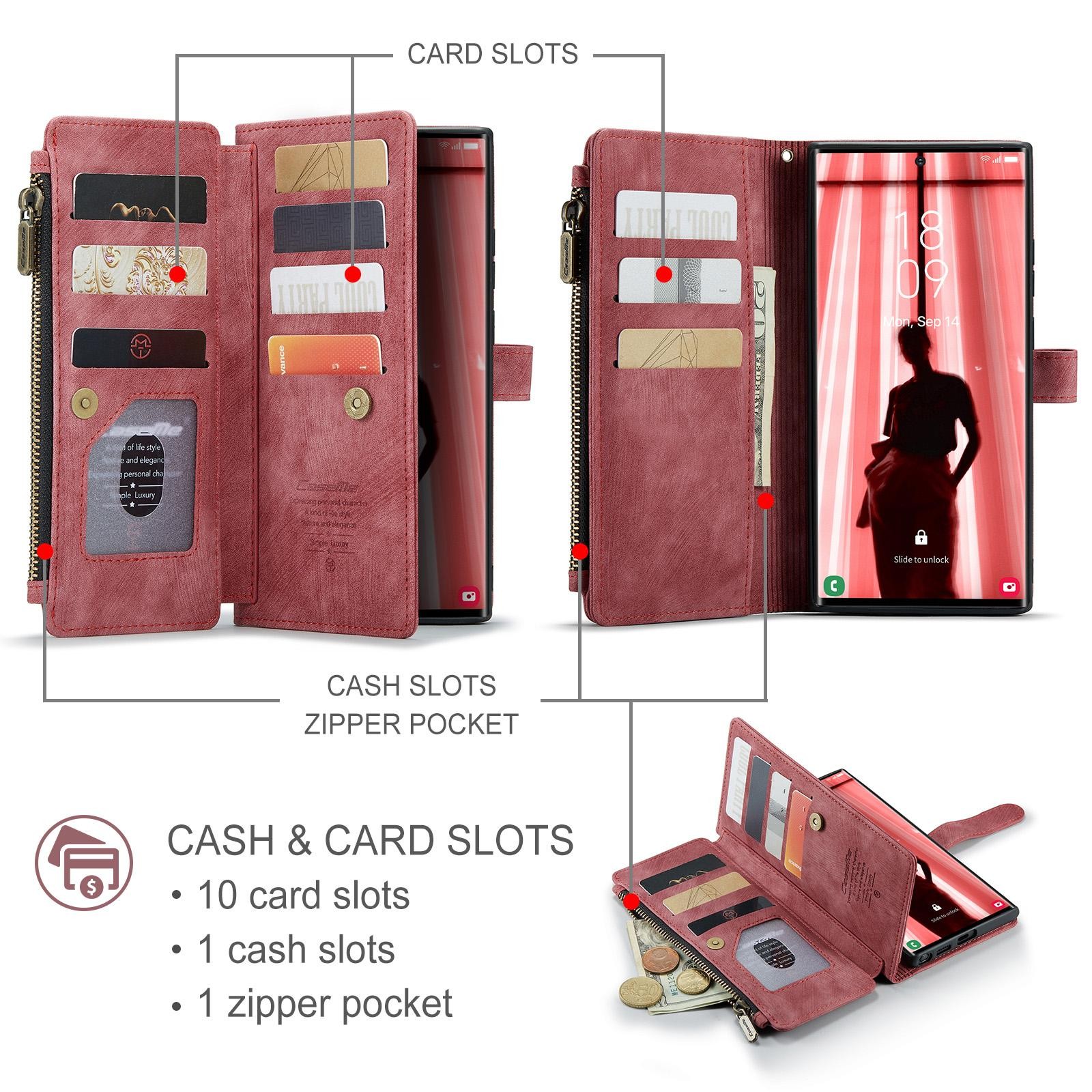 CaseMe C30 Samsung Galaxy S25 Ultra 5G Card Slots Zipper Θήκη Πορτοφόλι Δερμάτινη –Red