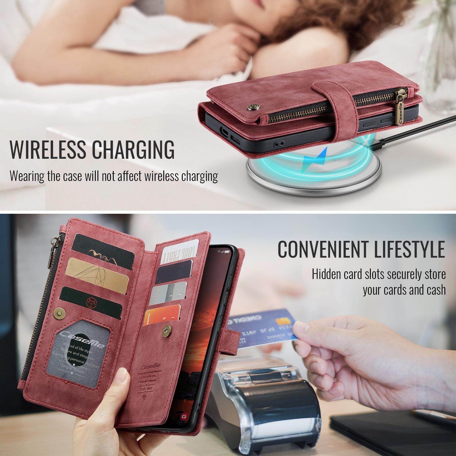 CaseMe C30 Samsung Galaxy S25 Ultra 5G Card Slots Zipper Θήκη Πορτοφόλι Δερμάτινη –Red