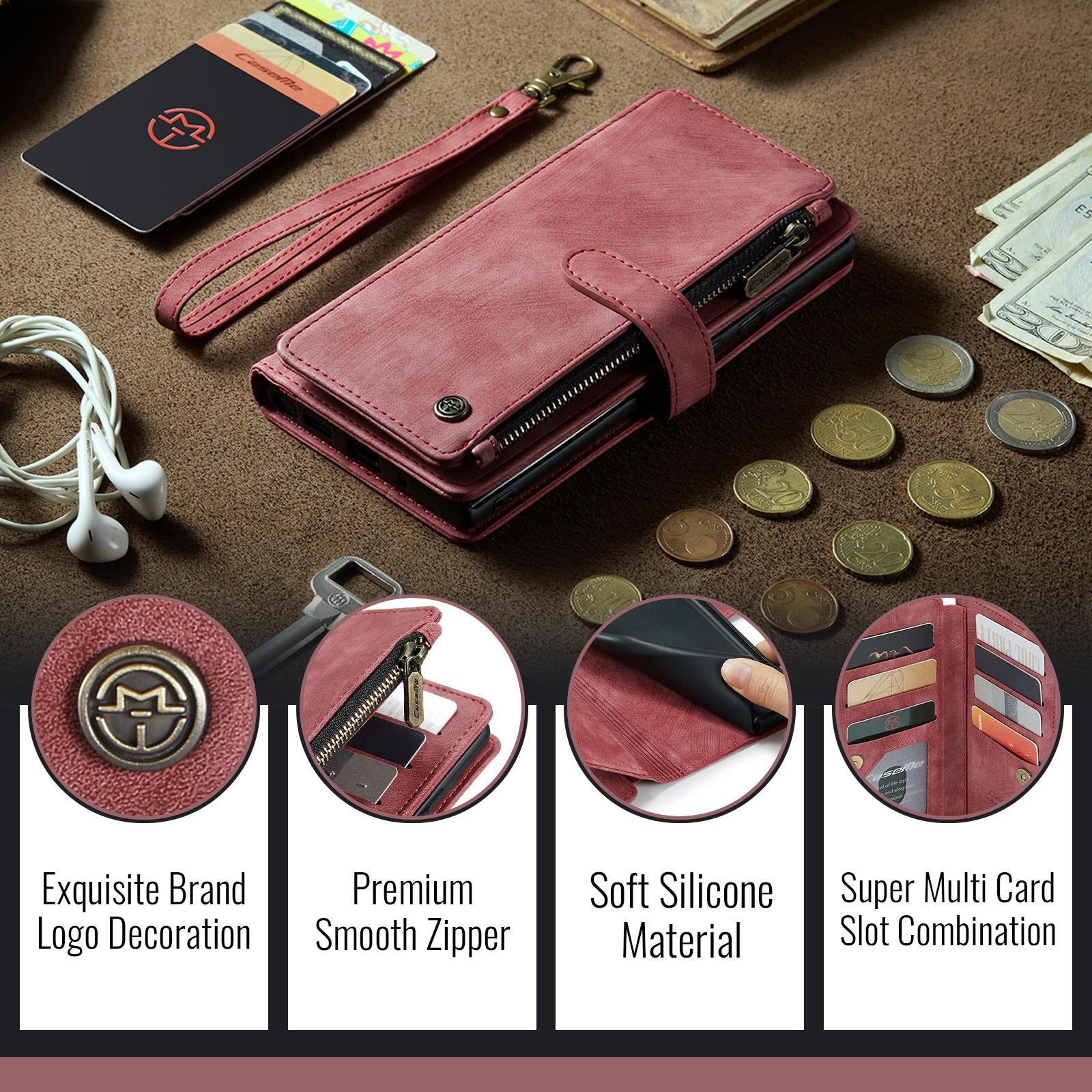 CaseMe C30 Samsung Galaxy S25 Ultra 5G Card Slots Zipper Θήκη Πορτοφόλι Δερμάτινη –Red