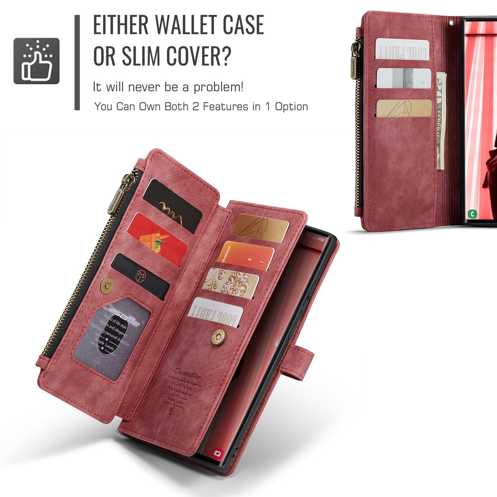 CaseMe C30 Samsung Galaxy S25 Ultra 5G Card Slots Zipper Θήκη Πορτοφόλι Δερμάτινη –Red
