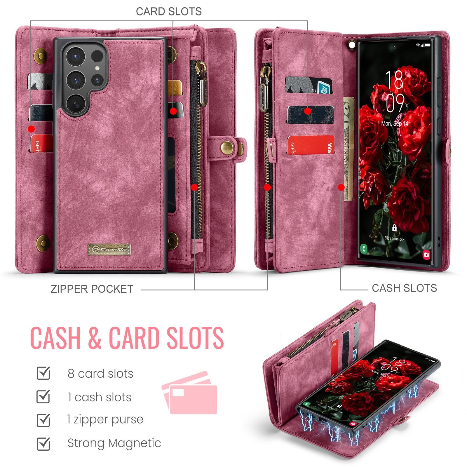 CaseMe 008 Samsung Galaxy S25 Ultra 5G Θήκη Πορτοφόλι με Αποσπώμενη Θήκη Σιλικόνης -Wine red