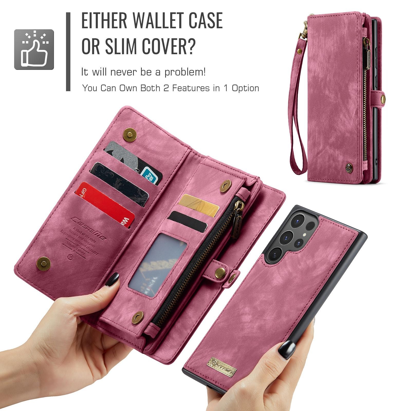 CaseMe 008 Samsung Galaxy S25 Ultra 5G Θήκη Πορτοφόλι με Αποσπώμενη Θήκη Σιλικόνης -Wine red