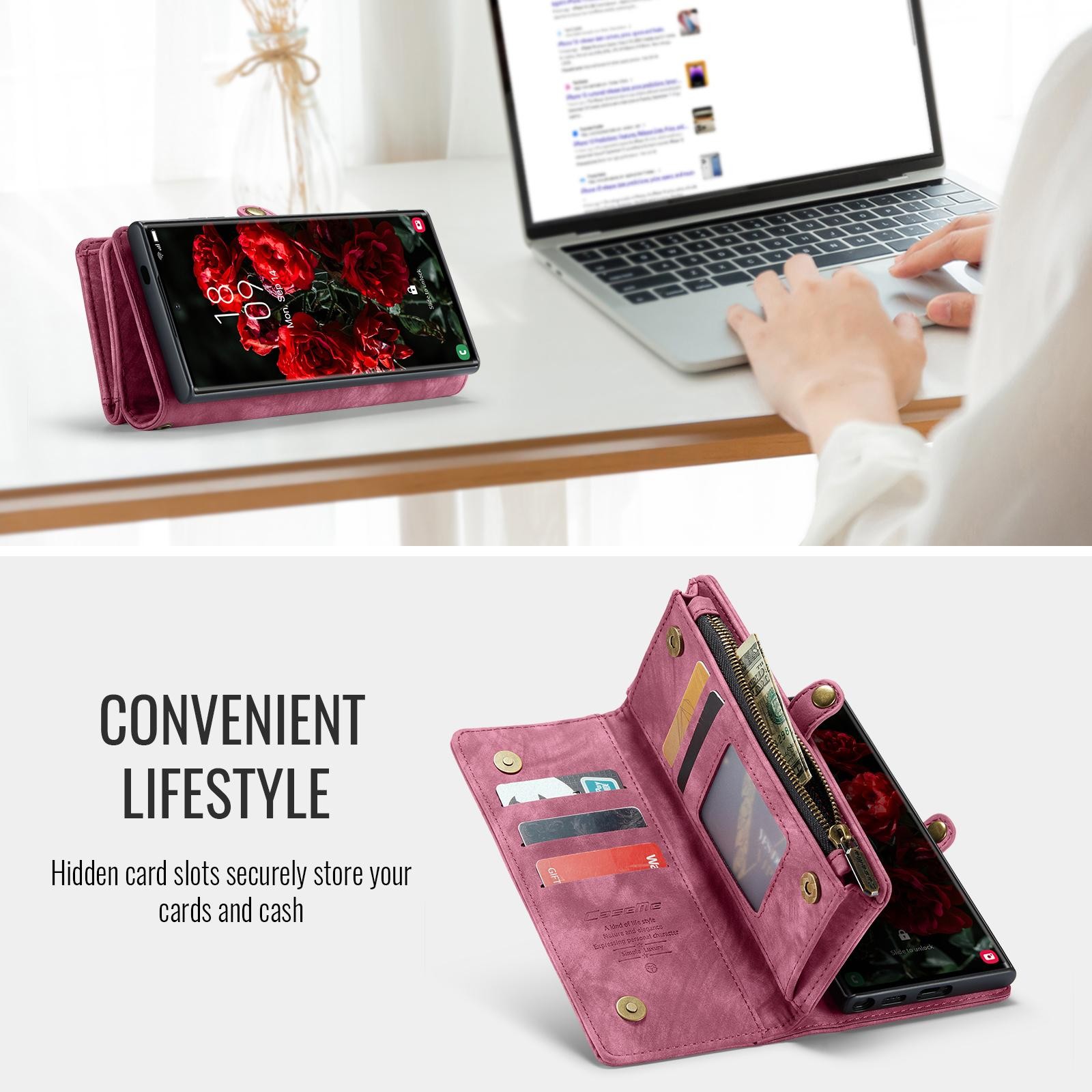 CaseMe 008 Samsung Galaxy S25 Ultra 5G Θήκη Πορτοφόλι με Αποσπώμενη Θήκη Σιλικόνης -Wine red