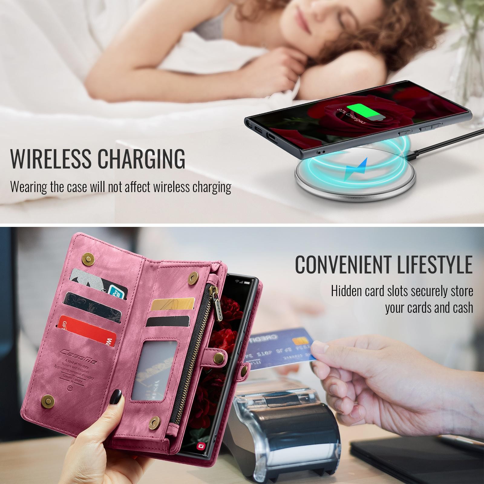 CaseMe 008 Samsung Galaxy S25 Ultra 5G Θήκη Πορτοφόλι με Αποσπώμενη Θήκη Σιλικόνης -Wine red