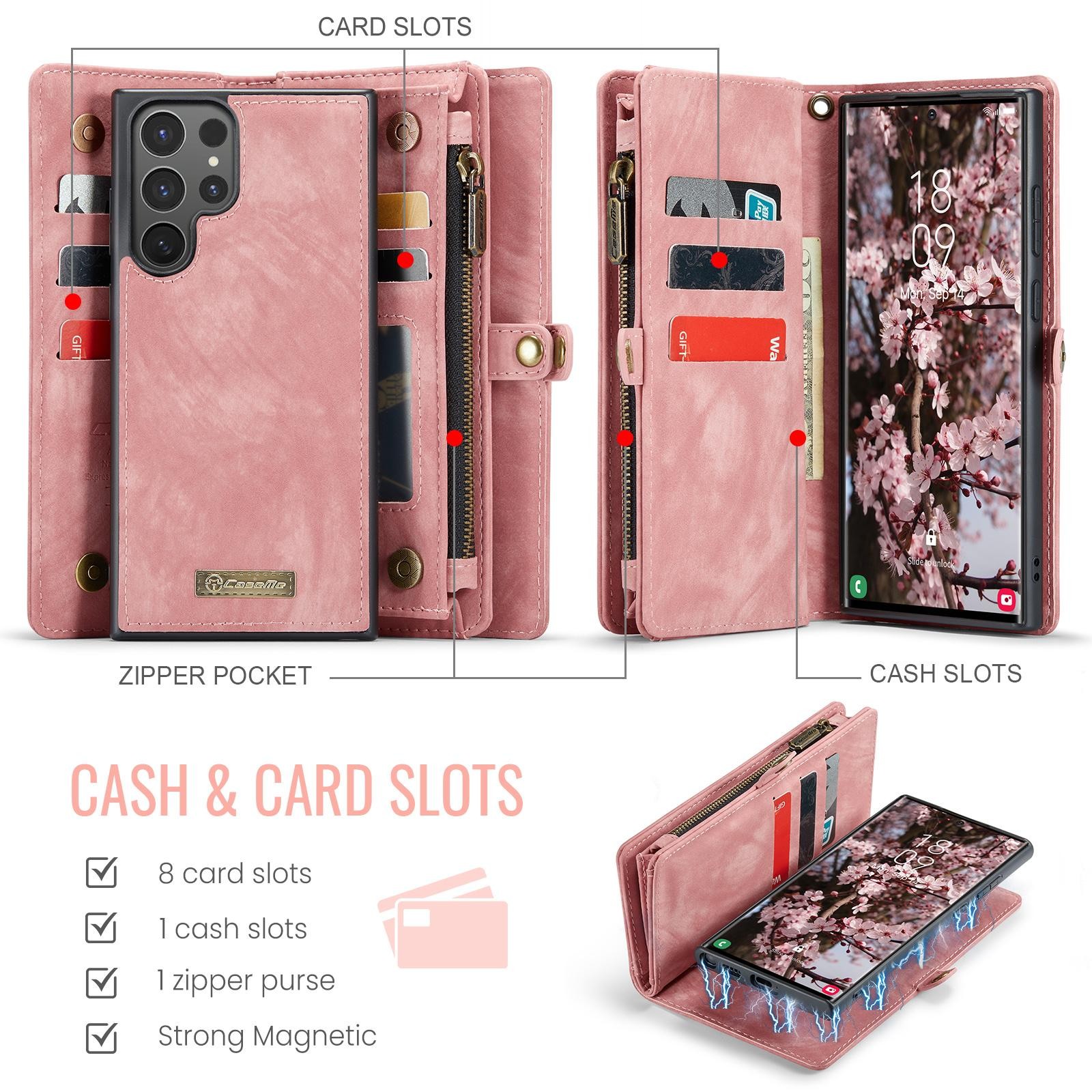 CaseMe 008 Samsung Galaxy S25 5G Θήκη Πορτοφόλι με Αποσπώμενη Θήκη Σιλικόνης -Pink