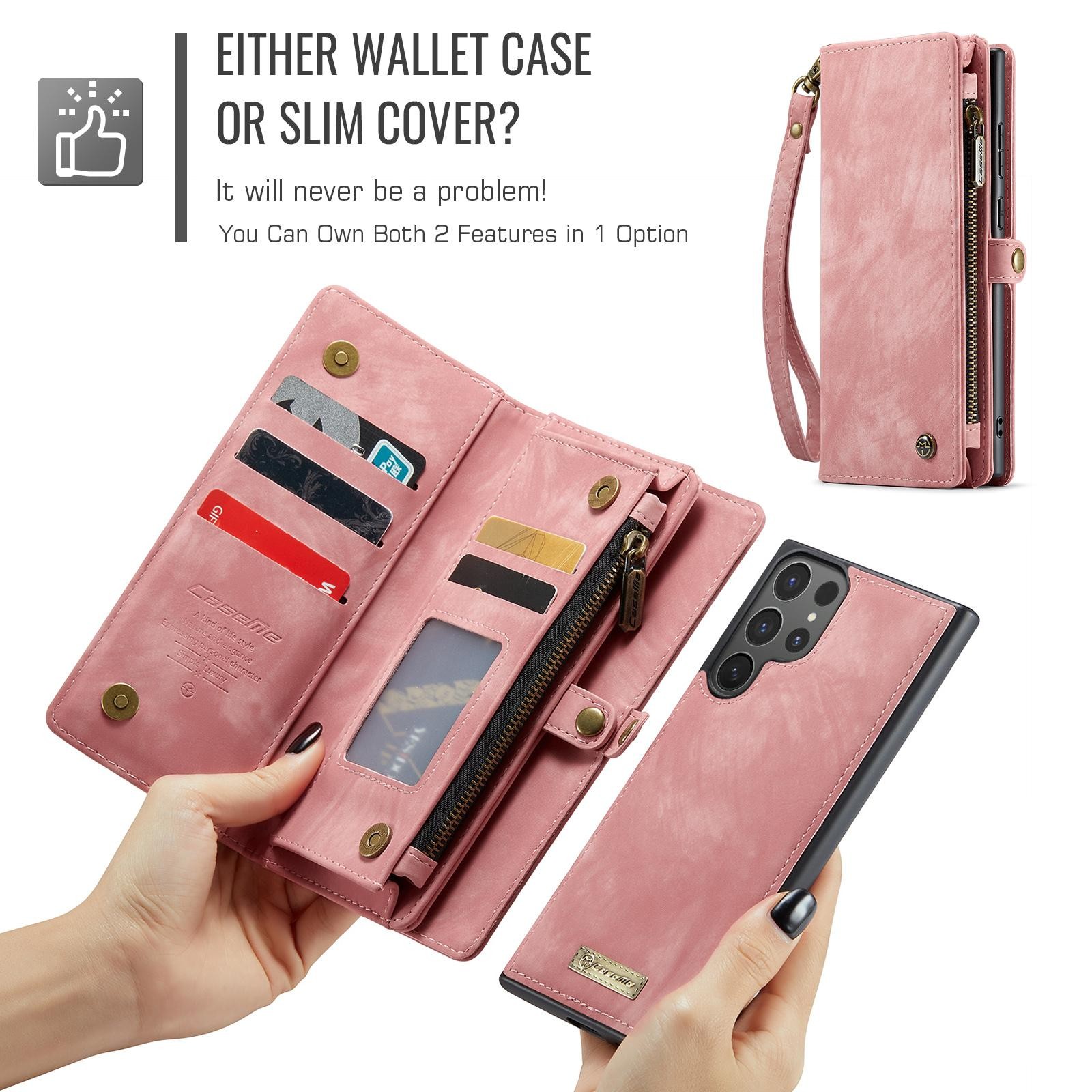 CaseMe 008 Samsung Galaxy S25 5G Θήκη Πορτοφόλι με Αποσπώμενη Θήκη Σιλικόνης -Pink