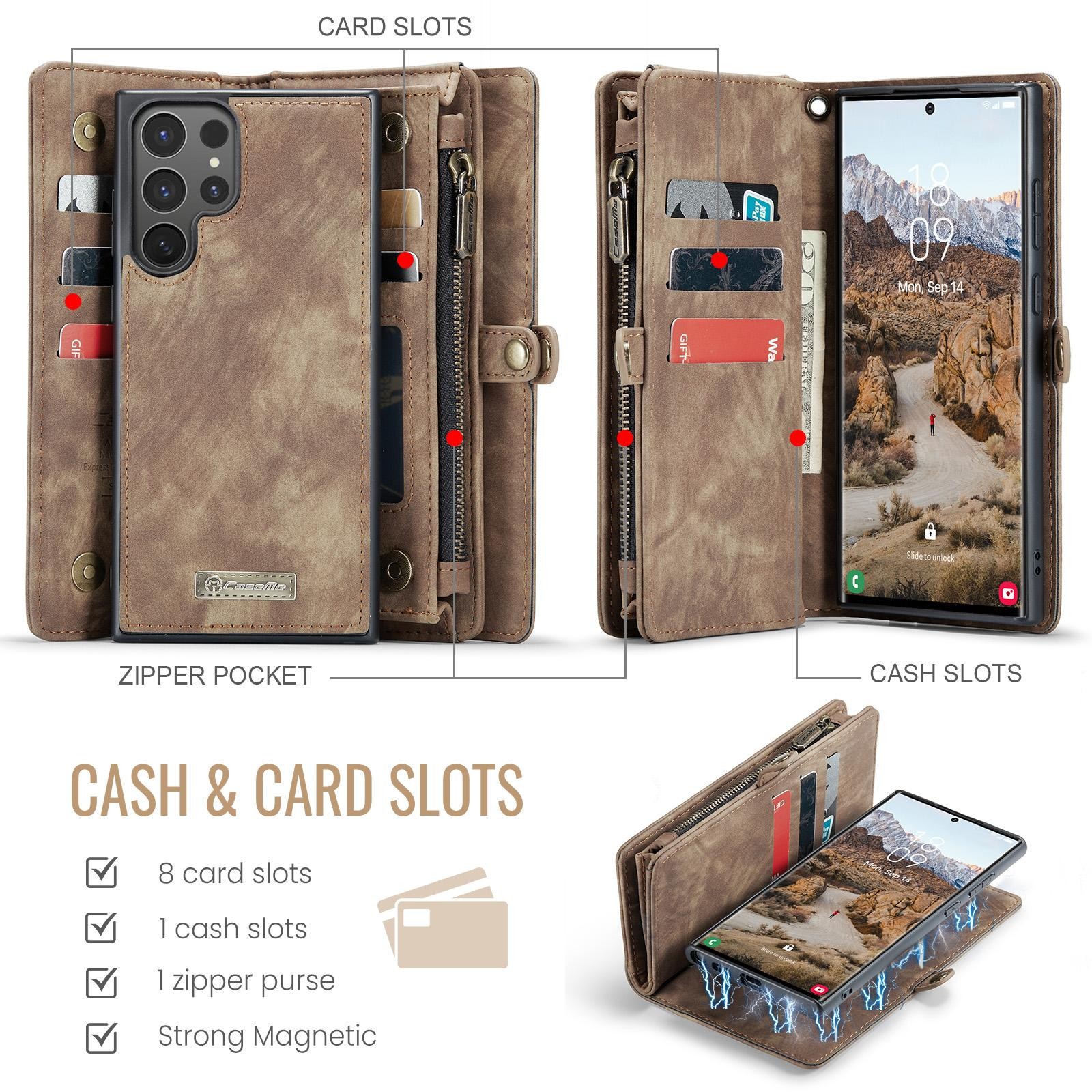 CaseMe 008 Samsung Galaxy S25 Ultra 5G Θήκη Πορτοφόλι με Αποσπώμενη Θήκη Σιλικόνης -Brown