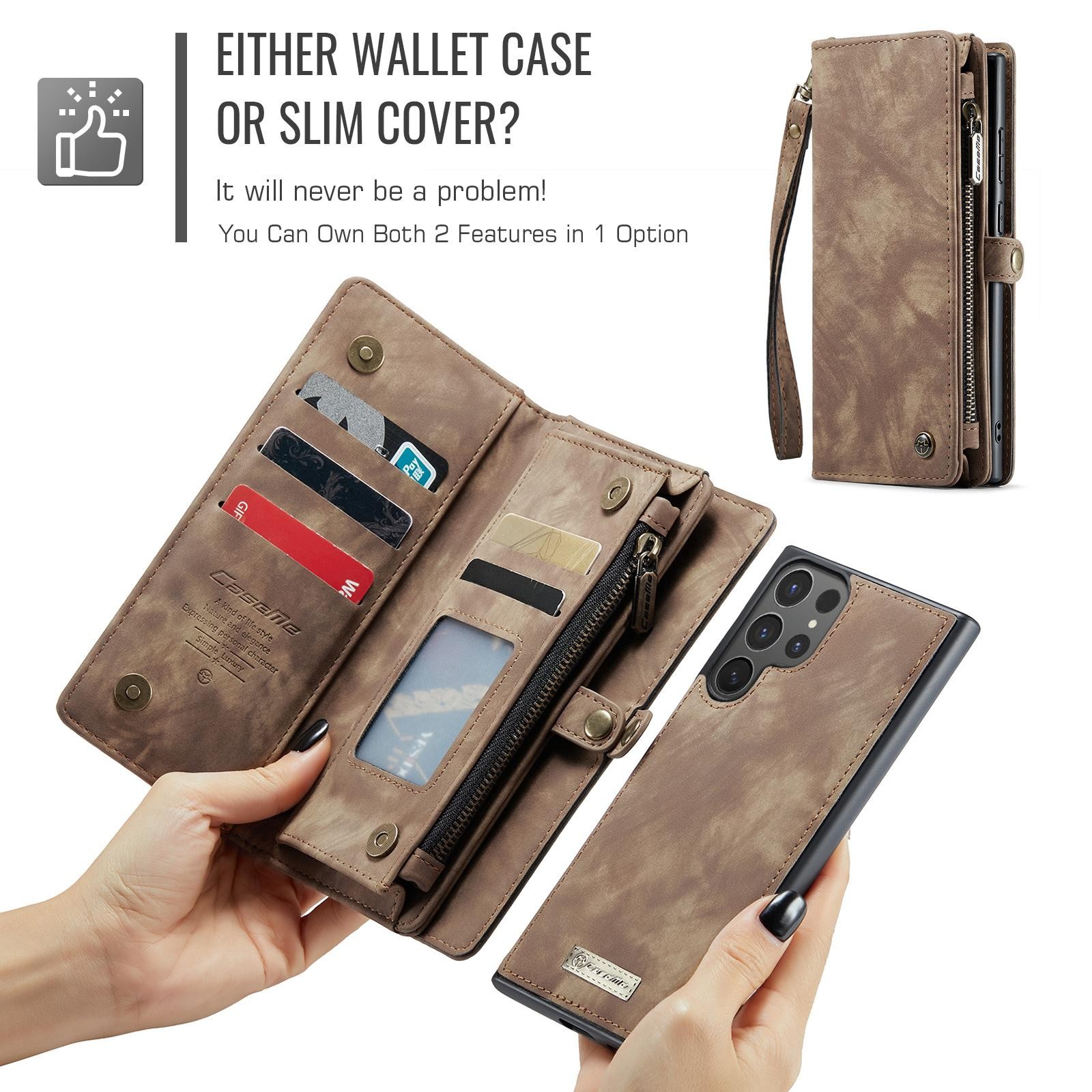 CaseMe 008 Samsung Galaxy S25 Ultra 5G Θήκη Πορτοφόλι με Αποσπώμενη Θήκη Σιλικόνης -Brown
