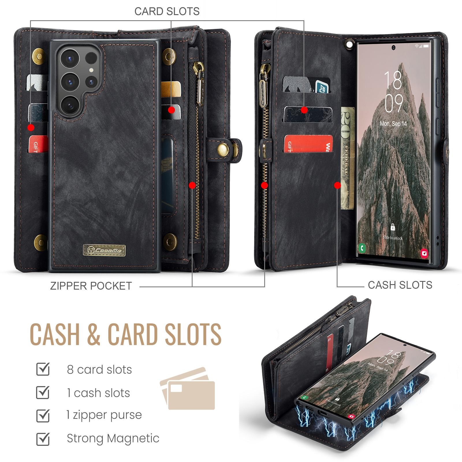 CaseMe 008 Samsung Galaxy S25 Ultra 5G Θήκη Πορτοφόλι με Αποσπώμενη Θήκη Σιλικόνης - Black
