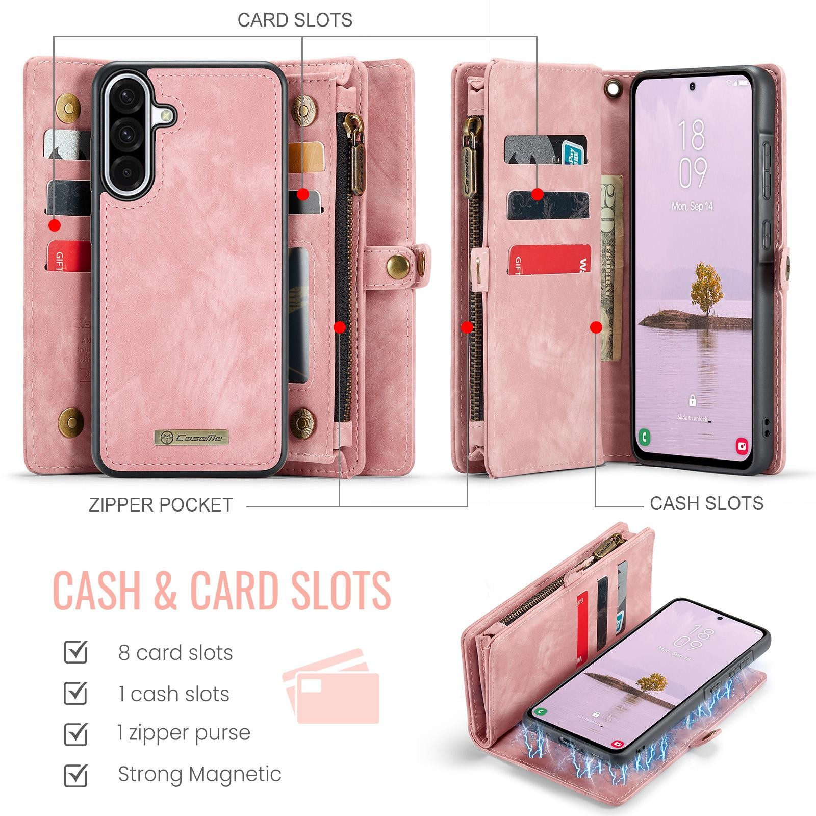 CaseMe 008 Samsung Galaxy A56 5G Θήκη Πορτοφόλι με Αποσπώμενη Θήκη Σιλικόνης -Pink