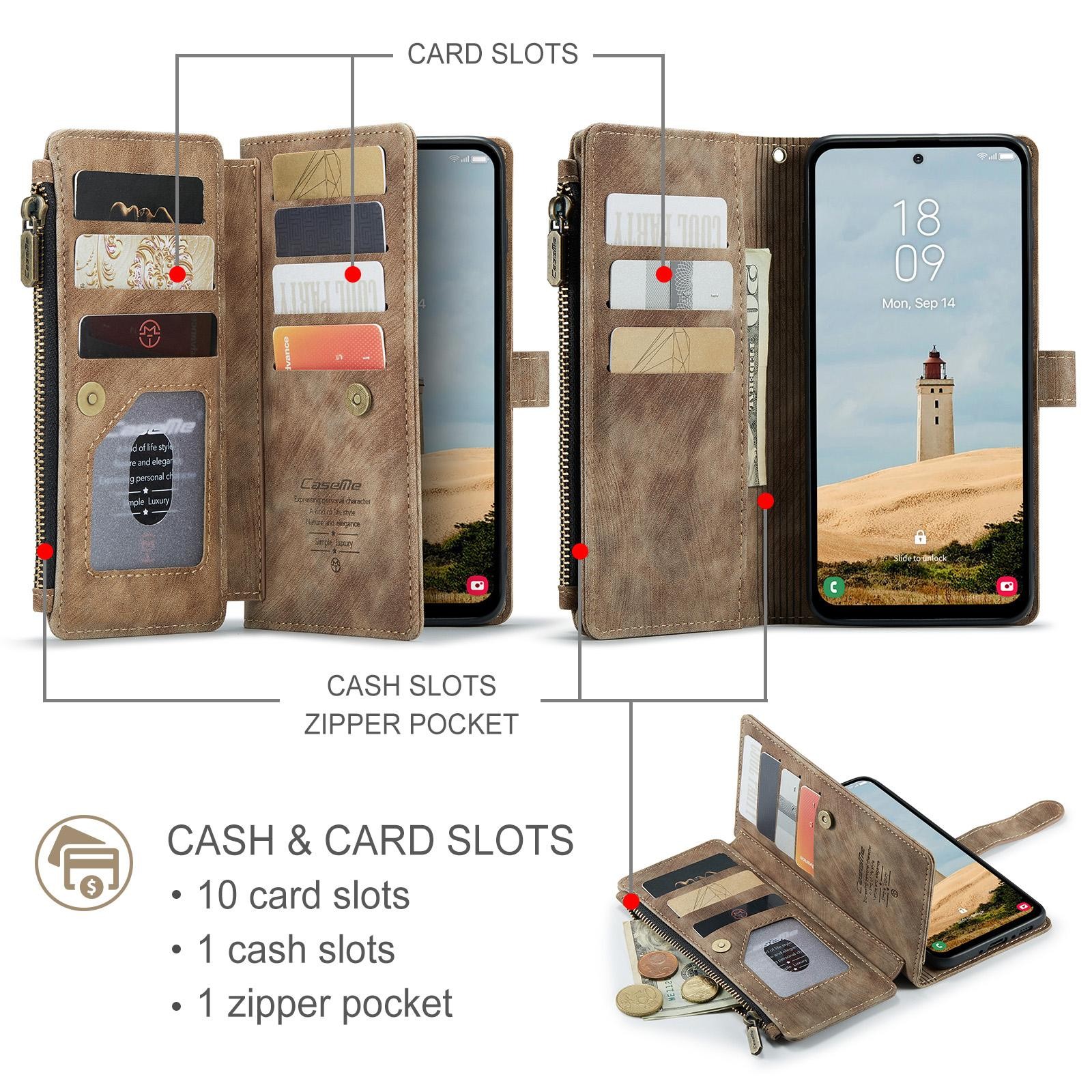 CaseMe C30 Samsung Galaxy A56 5G Card Slots Zipper Θήκη Πορτοφόλι Δερμάτινη –Brown