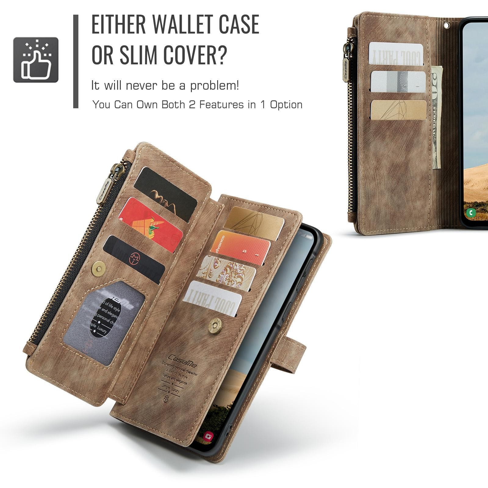 CaseMe C30 Samsung Galaxy A56 5G Card Slots Zipper Θήκη Πορτοφόλι Δερμάτινη –Brown