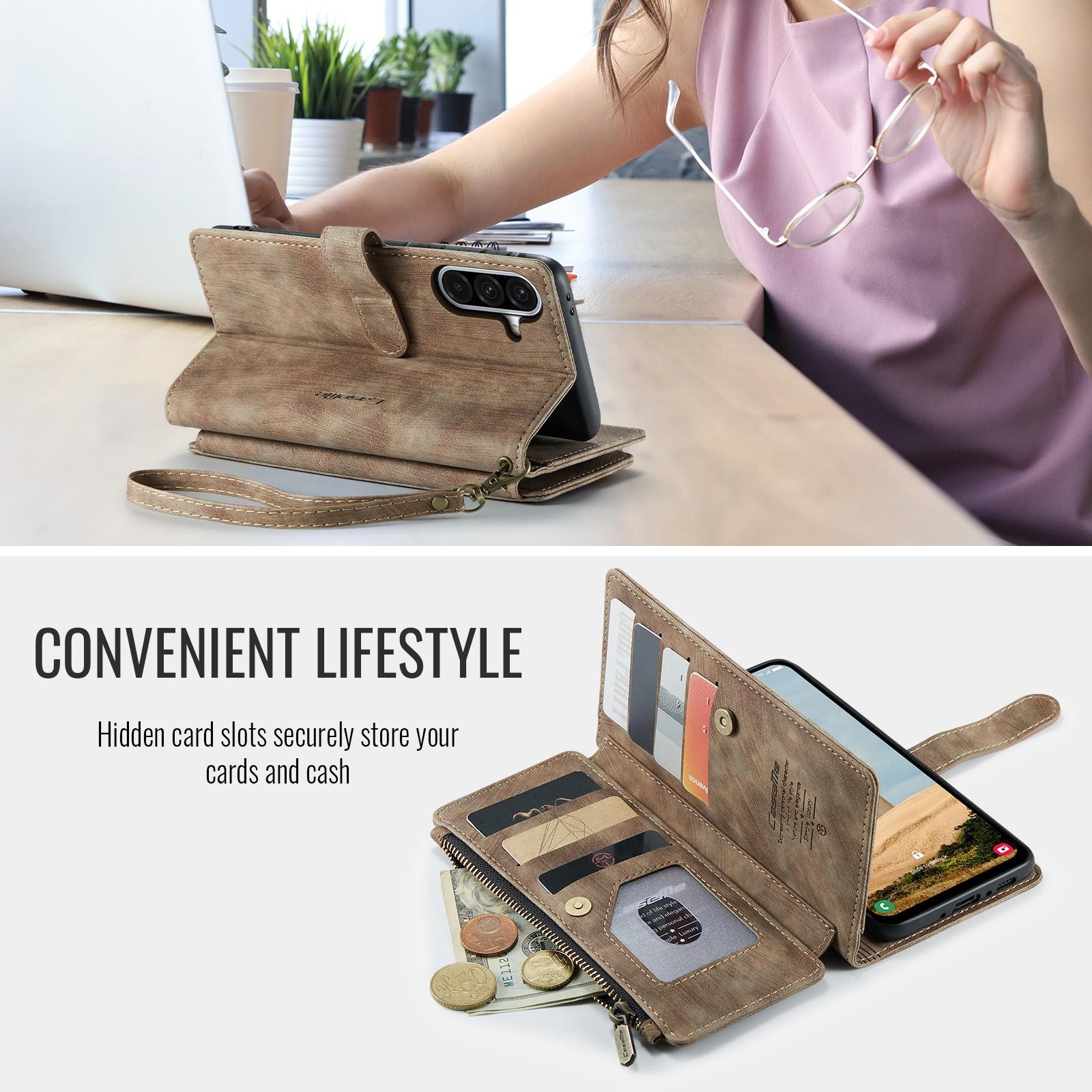 CaseMe C30 Samsung Galaxy A56 5G Card Slots Zipper Θήκη Πορτοφόλι Δερμάτινη –Brown