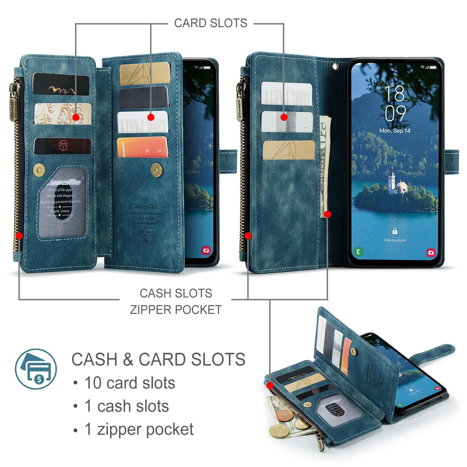 CaseMe C30 Samsung Galaxy A56 5G Card Slots Zipper Θήκη Πορτοφόλι Δερμάτινη –Blue
