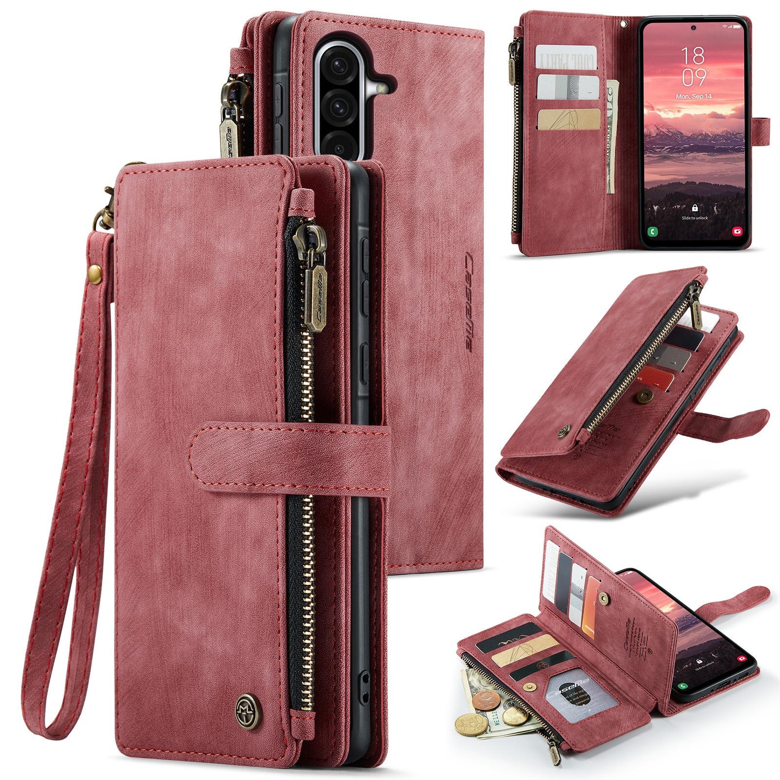 CaseMe C30 Samsung Galaxy A56 5G Card Slots Zipper Θήκη Πορτοφόλι Δερμάτινη –Red
