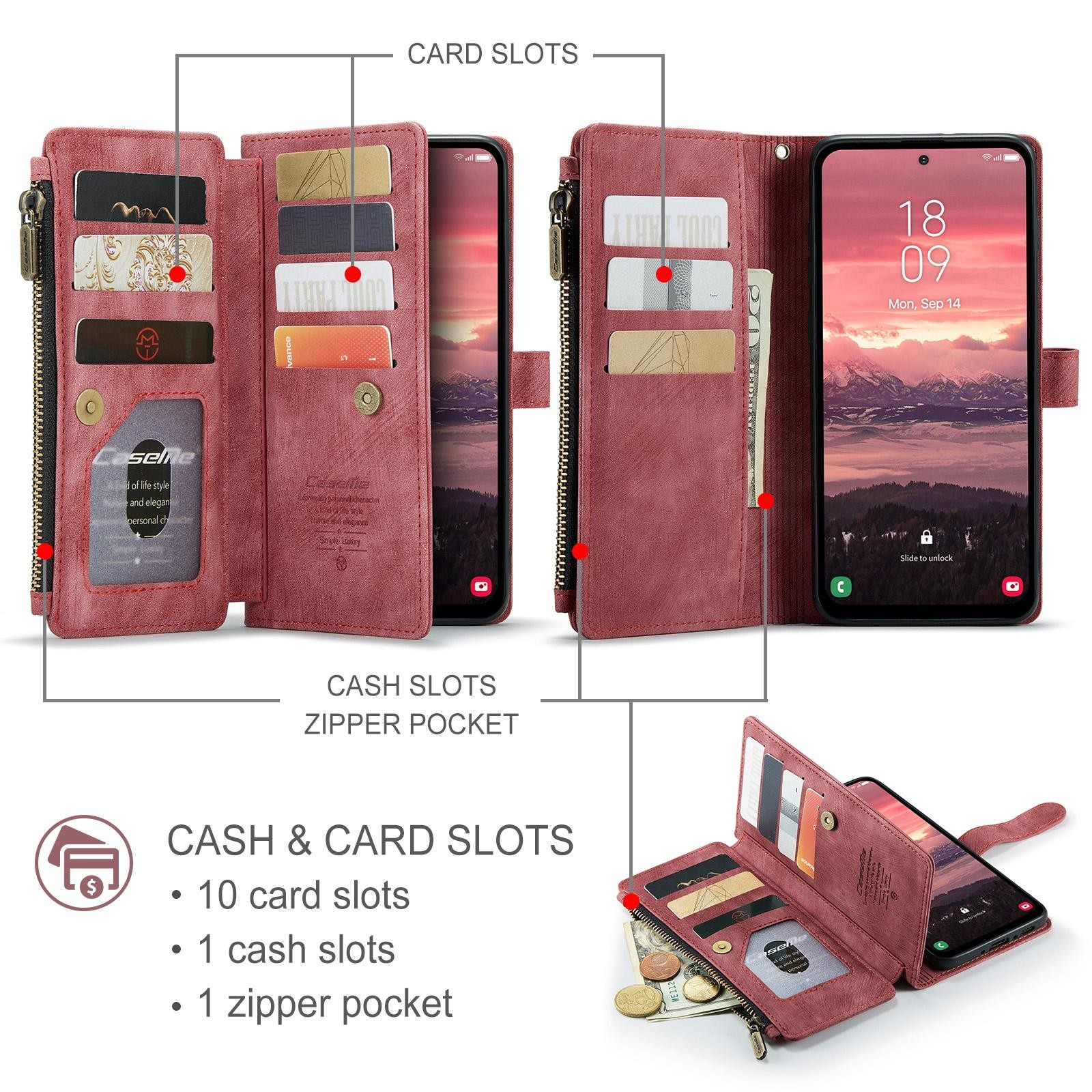 CaseMe C30 Samsung Galaxy A56 5G Card Slots Zipper Θήκη Πορτοφόλι Δερμάτινη –Red