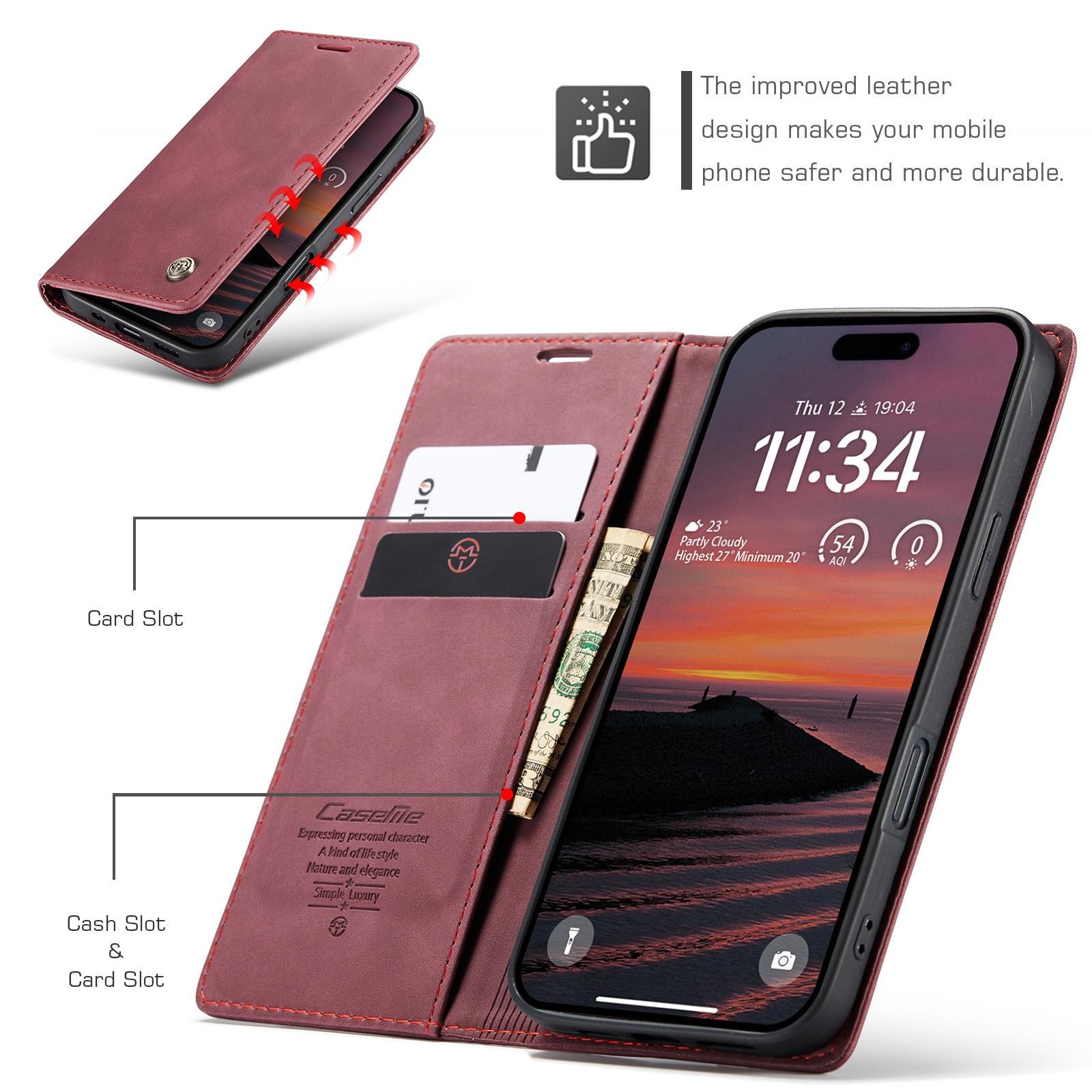 CaseMe 013 iPhone 17 Pro 5G Retro Leather Θήκη Βιβλίο -Red