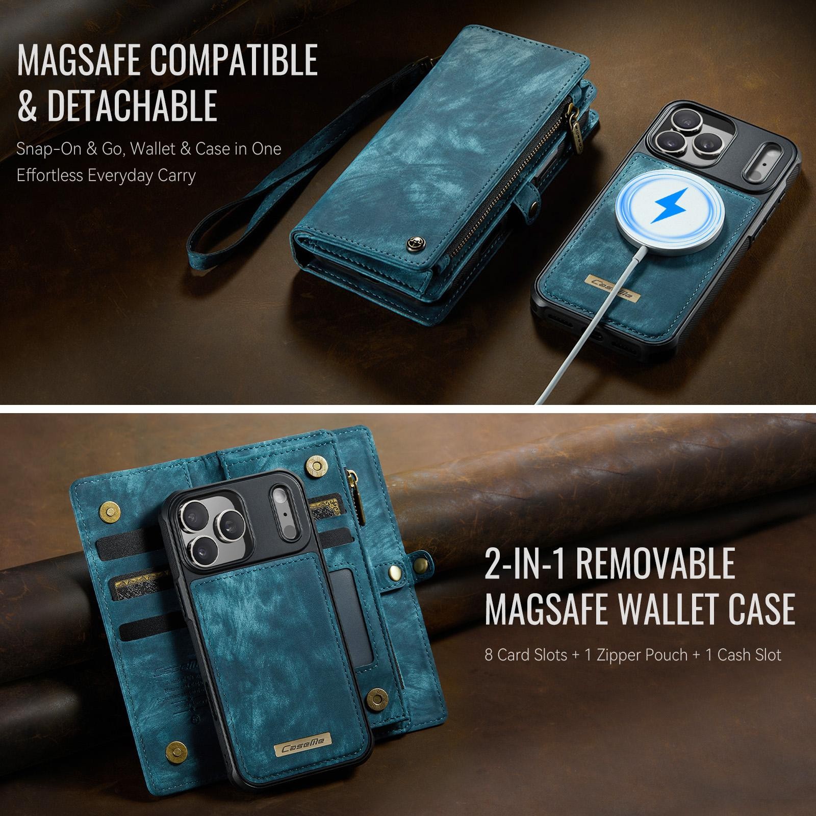 CaseMe 008 iPhone 17 Pro 5G Θήκη Πορτοφόλι με Αποσπώμενη Θήκη Σιλικόνης -Blue