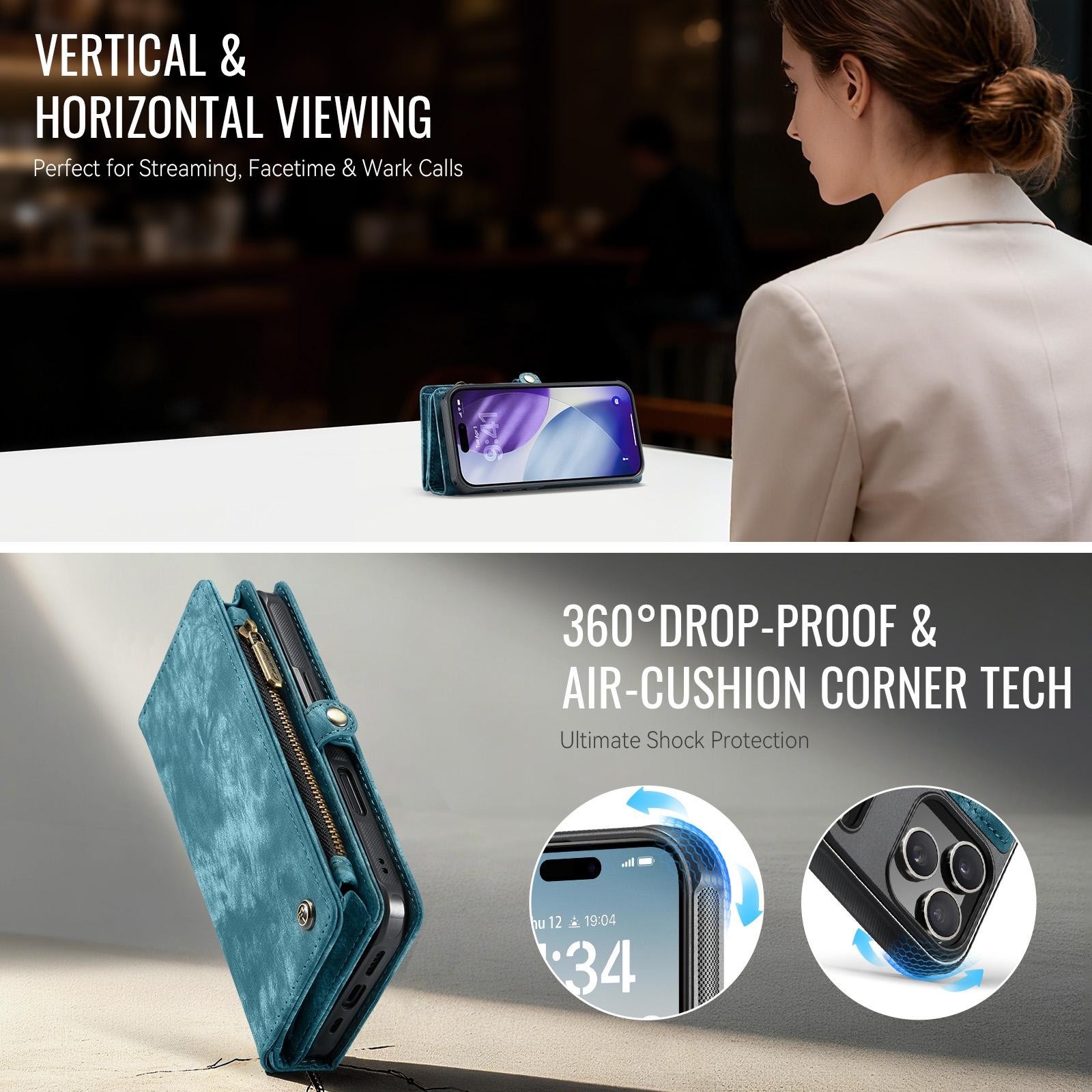 CaseMe 008 iPhone 17 Pro 5G Θήκη Πορτοφόλι με Αποσπώμενη Θήκη Σιλικόνης -Blue