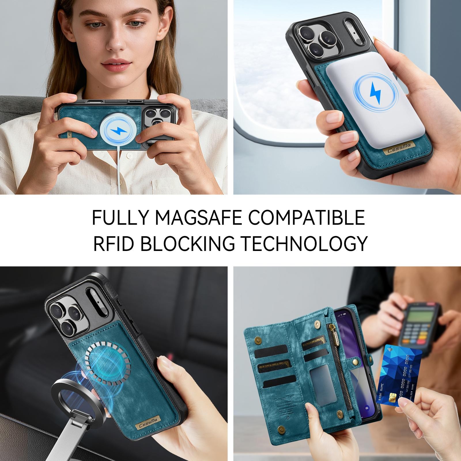 CaseMe 008 iPhone 17 Pro 5G Θήκη Πορτοφόλι με Αποσπώμενη Θήκη Σιλικόνης -Blue