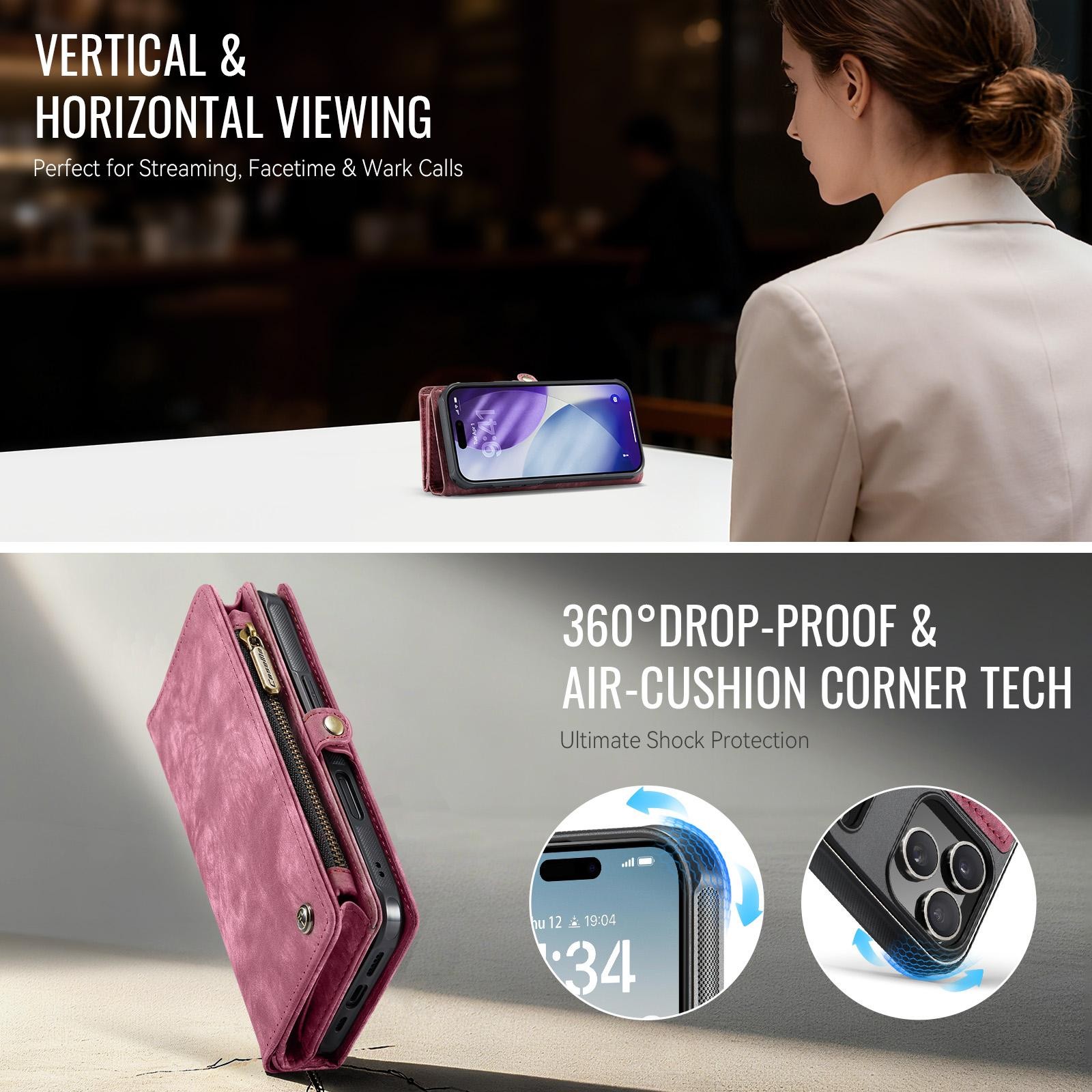 CaseMe 008 iPhone 17 Pro 5G Θήκη Πορτοφόλι με Αποσπώμενη Θήκη Σιλικόνης -Red