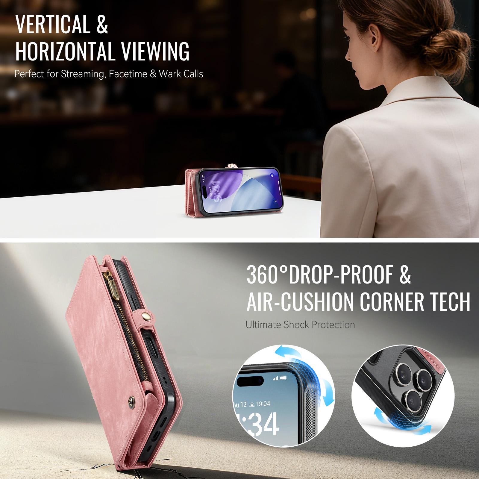 CaseMe 008 iPhone 17 Pro 5G Θήκη Πορτοφόλι με Αποσπώμενη Θήκη Σιλικόνης - Pink