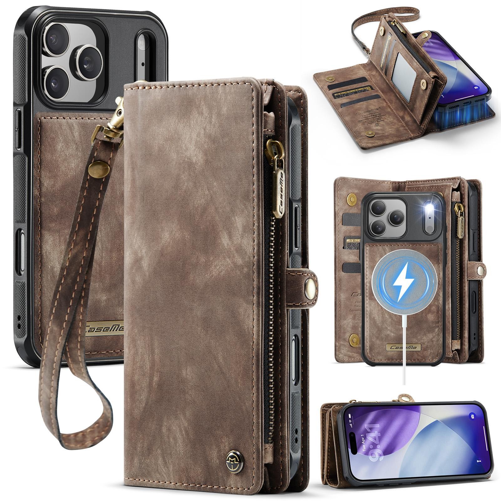 CaseMe 008 iPhone 17 Pro 5G Θήκη Πορτοφόλι με Αποσπώμενη Θήκη Σιλικόνης - Brown