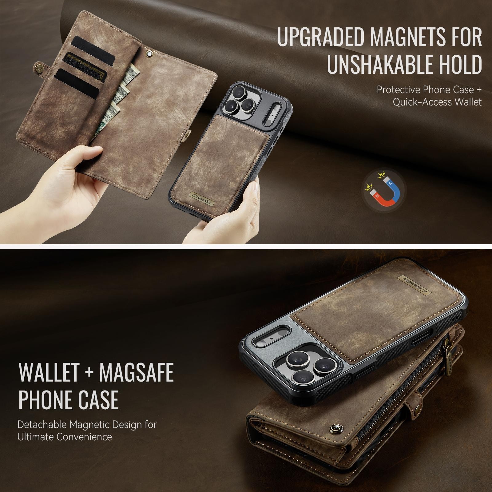 CaseMe 008 iPhone 17 Pro 5G Θήκη Πορτοφόλι με Αποσπώμενη Θήκη Σιλικόνης - Brown