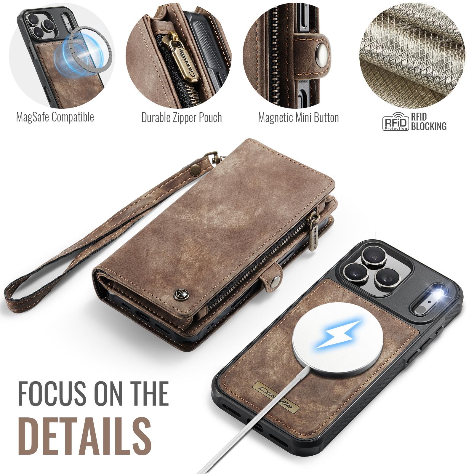 CaseMe 008 iPhone 17 Pro 5G Θήκη Πορτοφόλι με Αποσπώμενη Θήκη Σιλικόνης - Brown