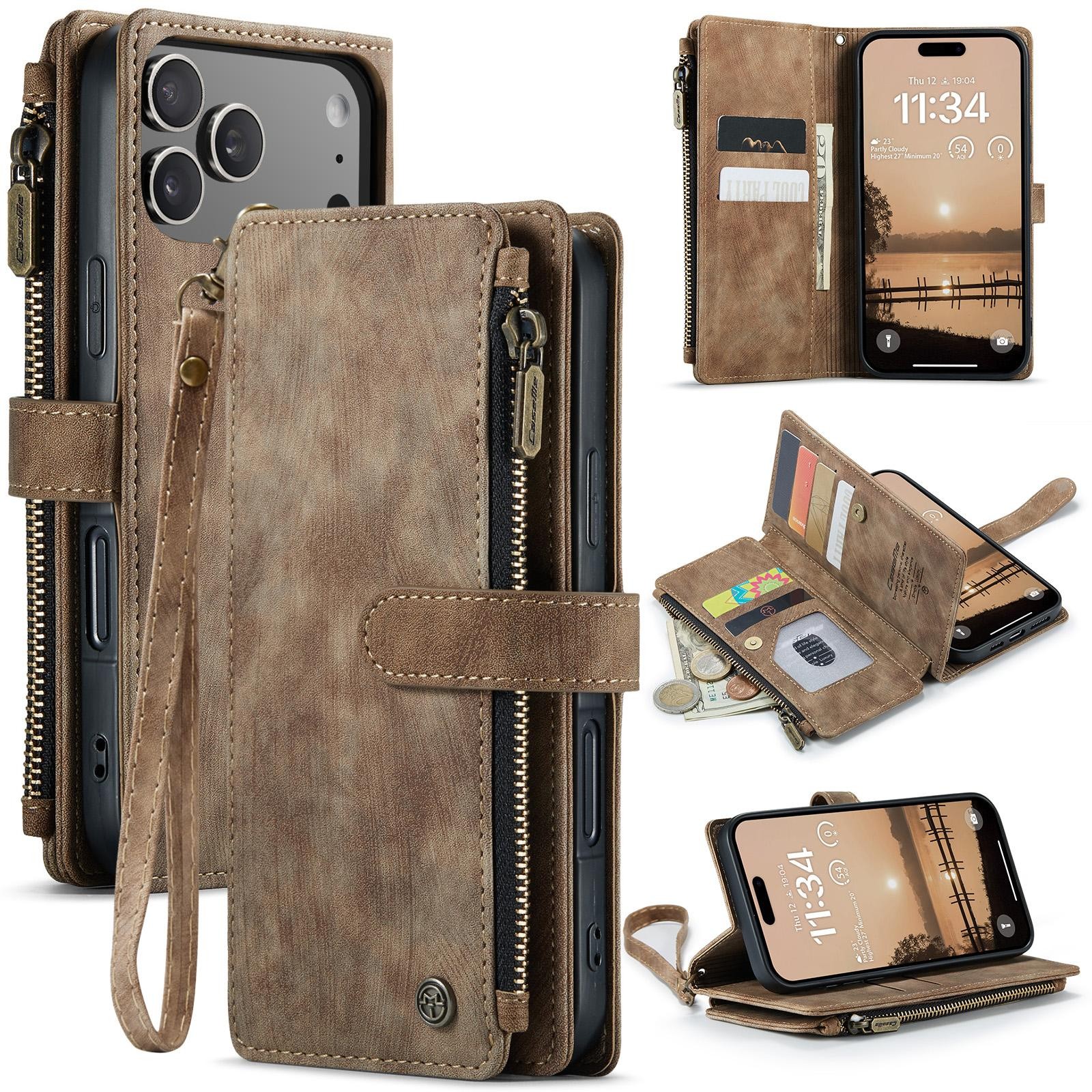 CaseMe C30 iPhone 17 Pro 5G Card Slots Zipper Θήκη Πορτοφόλι Δερμάτινη – Brown