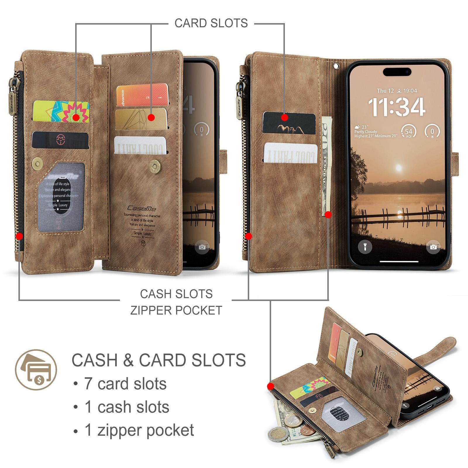 CaseMe C30 iPhone 17 Pro 5G Card Slots Zipper Θήκη Πορτοφόλι Δερμάτινη – Brown