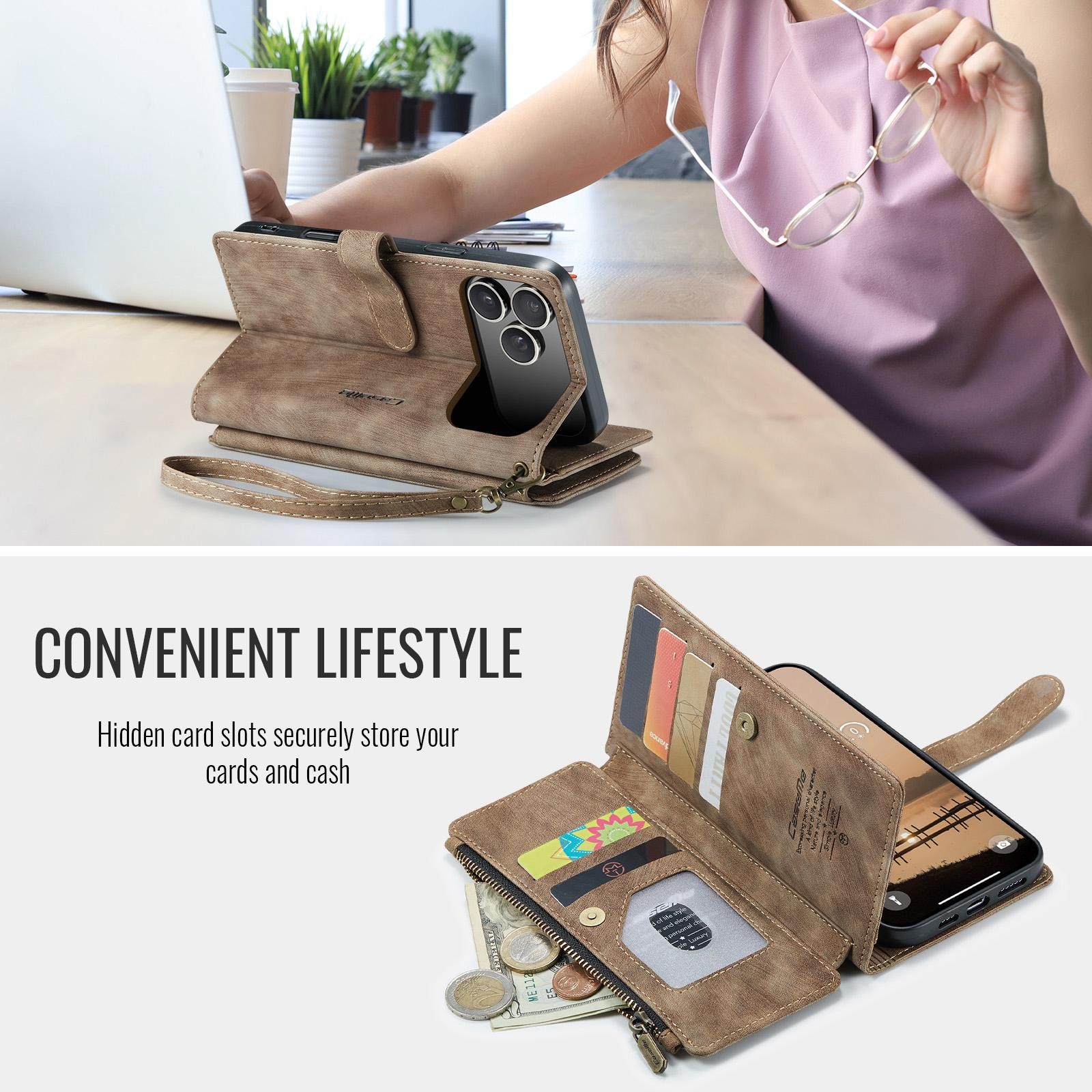 CaseMe C30 iPhone 17 Pro 5G Card Slots Zipper Θήκη Πορτοφόλι Δερμάτινη – Brown