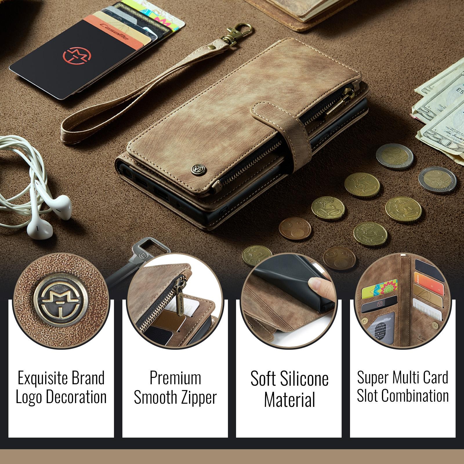 CaseMe C30 iPhone 17 Pro 5G Card Slots Zipper Θήκη Πορτοφόλι Δερμάτινη – Brown