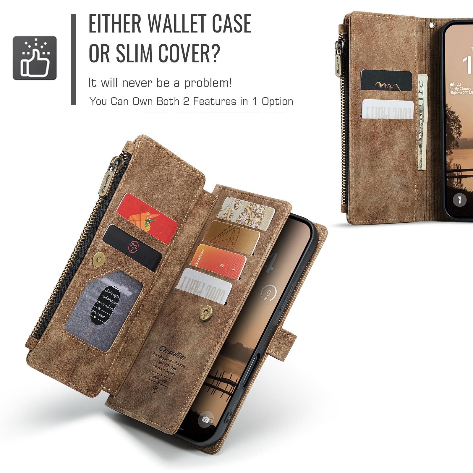 CaseMe C30 iPhone 17 Pro 5G Card Slots Zipper Θήκη Πορτοφόλι Δερμάτινη – Brown
