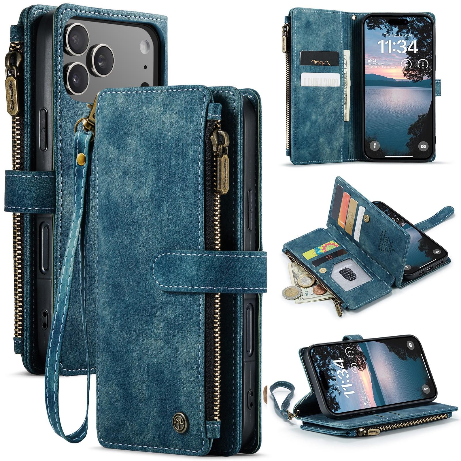 CaseMe C30 iPhone 17 Pro 5G Card Slots Zipper Θήκη Πορτοφόλι Δερμάτινη –Blue