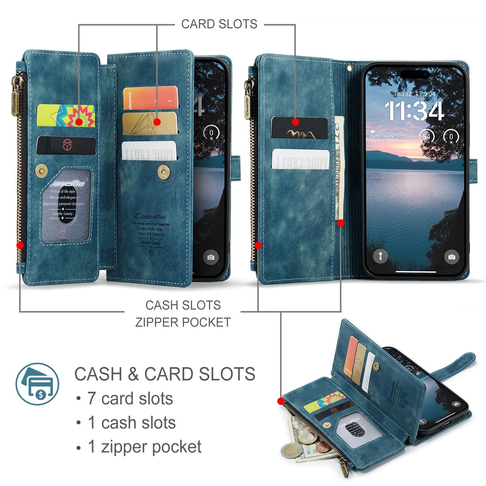 CaseMe C30 iPhone 17 Pro 5G Card Slots Zipper Θήκη Πορτοφόλι Δερμάτινη –Blue