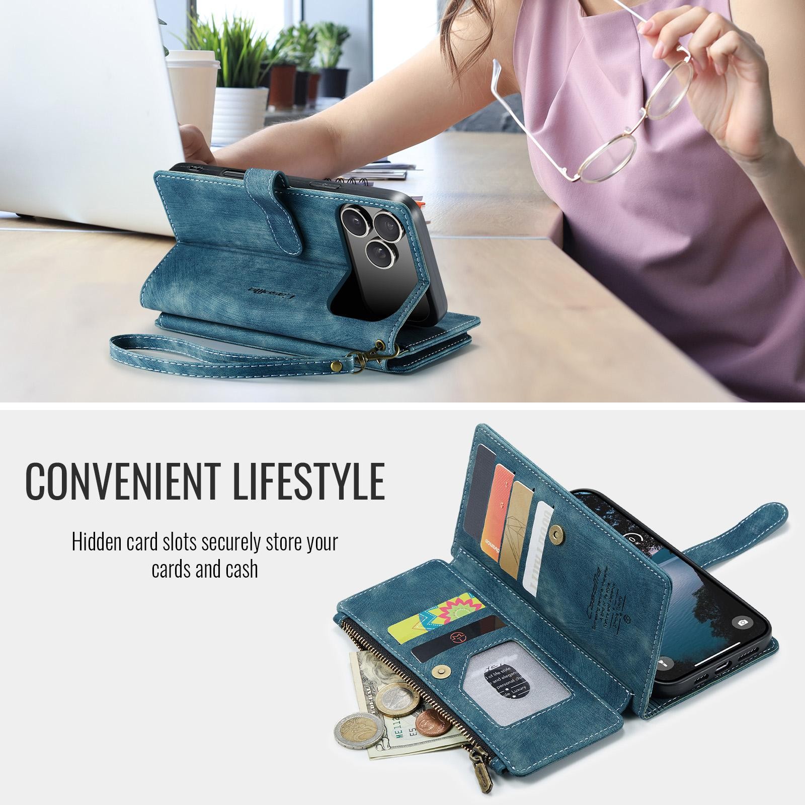 CaseMe C30 iPhone 17 Pro 5G Card Slots Zipper Θήκη Πορτοφόλι Δερμάτινη –Blue